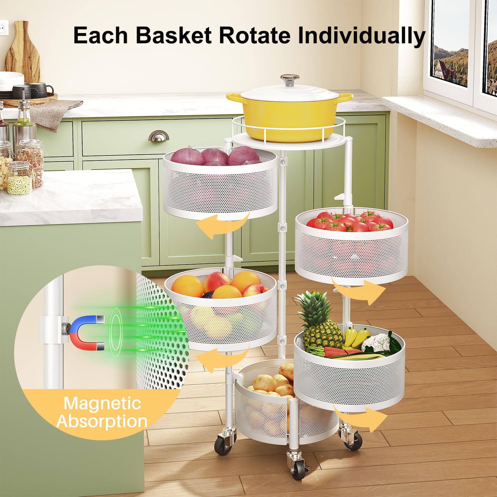 SNTD Fruit and Vegetable Basket Bowls for Kitchen with Metal Top Lid, 5 Tier Rotating Storage Rack Cart for Potato Onion Bread Banana, Wire Basket Organizer on Wheels, Large, Black
