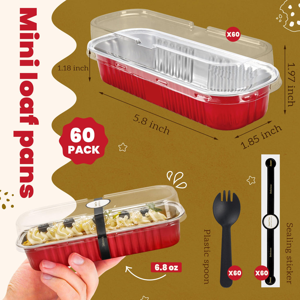 Mini Loaf Pans with Lids and Spoons Rectangular Aluminum Foil Baking Pans Mini Cheesecake Containers 6.8oz(60 Pack, Pink)