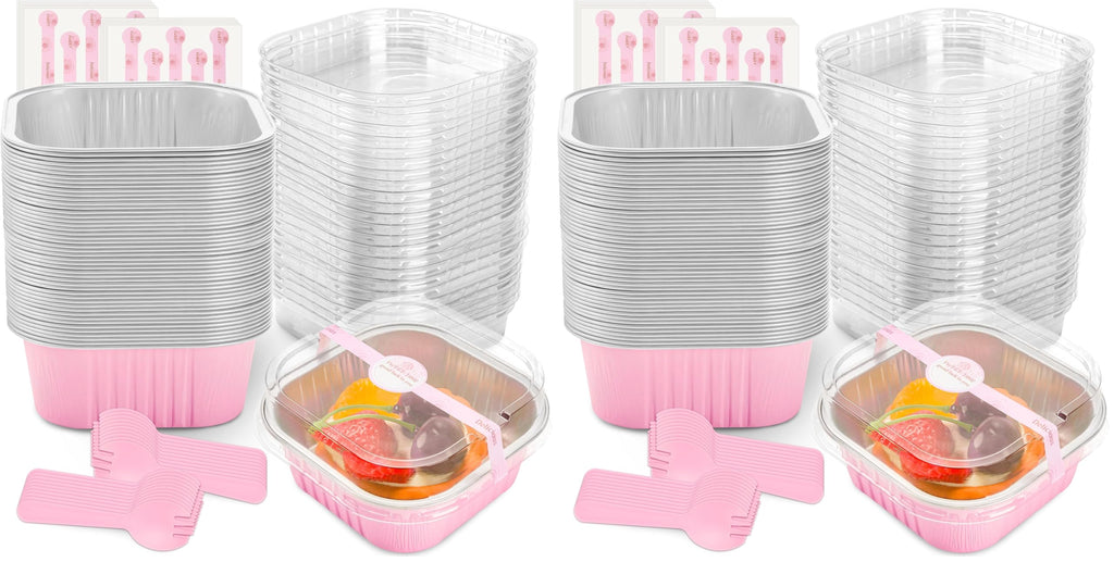 50 Pcs Mini Cake Pans with Lids and Spoons Aluminum Foil Mini Square Baking Cups with Lids Disposable Ramekins Cake Pans Dessert Cups for Wedding Birthday Party(Pink,5oz)