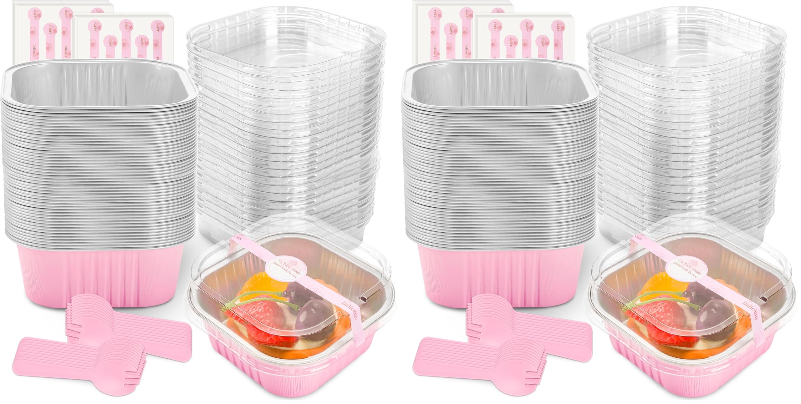 50 Pcs Mini Cake Pans with Lids and Spoons Aluminum Foil Mini Square Baking Cups with Lids Disposable Ramekins Cake Pans Dessert Cups for Wedding Birthday Party(Pink,5oz)