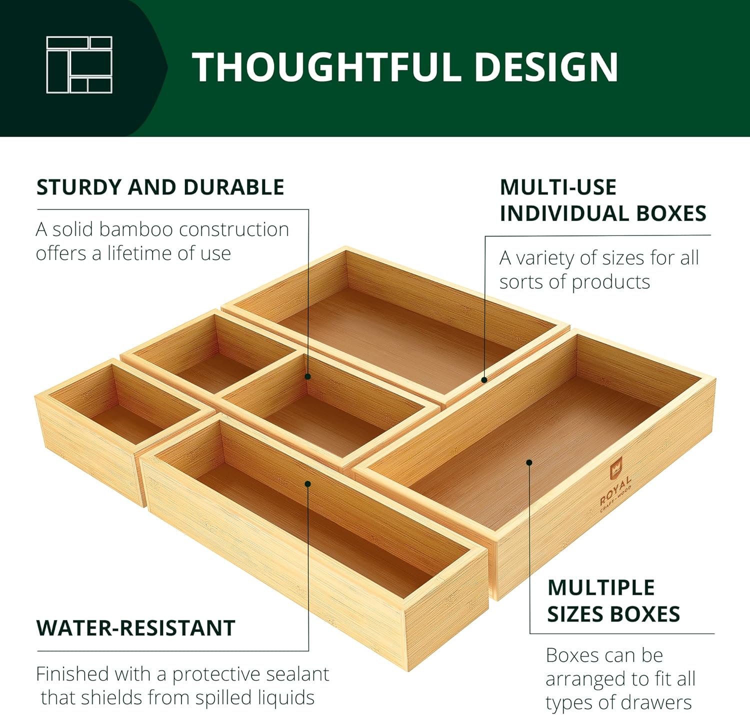 ROYAL CRAFT WOOD Luxury Bamboo Kitchen Drawer Organizer and Storage Box 5pcs Bundle