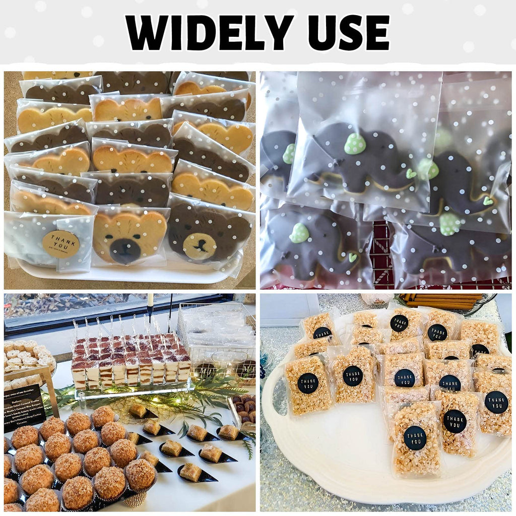 100PACK Self Sealing Cellophane Bags Clear Cookie Treat Bags Thank You for Gift Giving Candy with Stickers(White Polka Dot, 4x4 INCH)