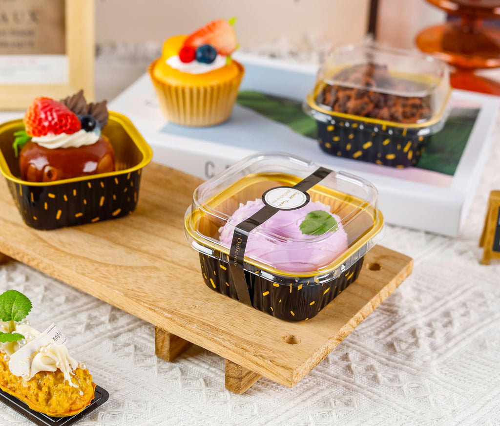 50 Pcs Mini Cake Pans with Lids and Spoons Aluminum Foil Mini Square Baking Cups with Lids Disposable Ramekins Cake Pans Dessert Cups for Wedding Birthday Party(Pink,5oz)