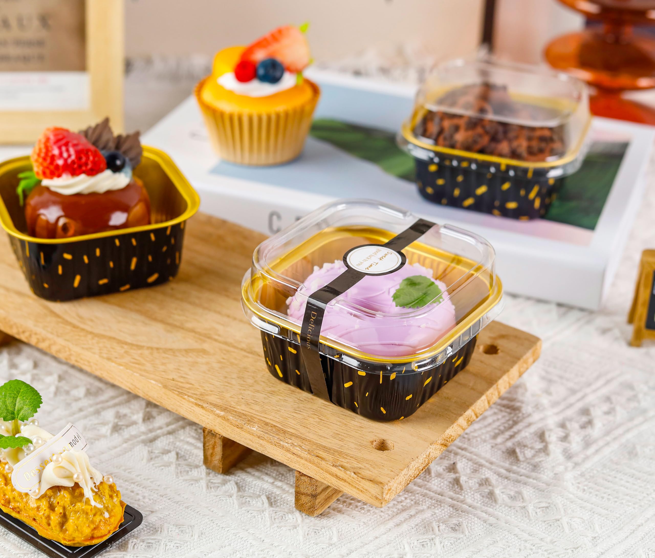 50 Pcs Mini Cake Pans with Lids and Spoons Aluminum Foil Mini Square Baking Cups with Lids Disposable Ramekins Cake Pans Dessert Cups for Wedding Birthday Party(Pink,5oz)
