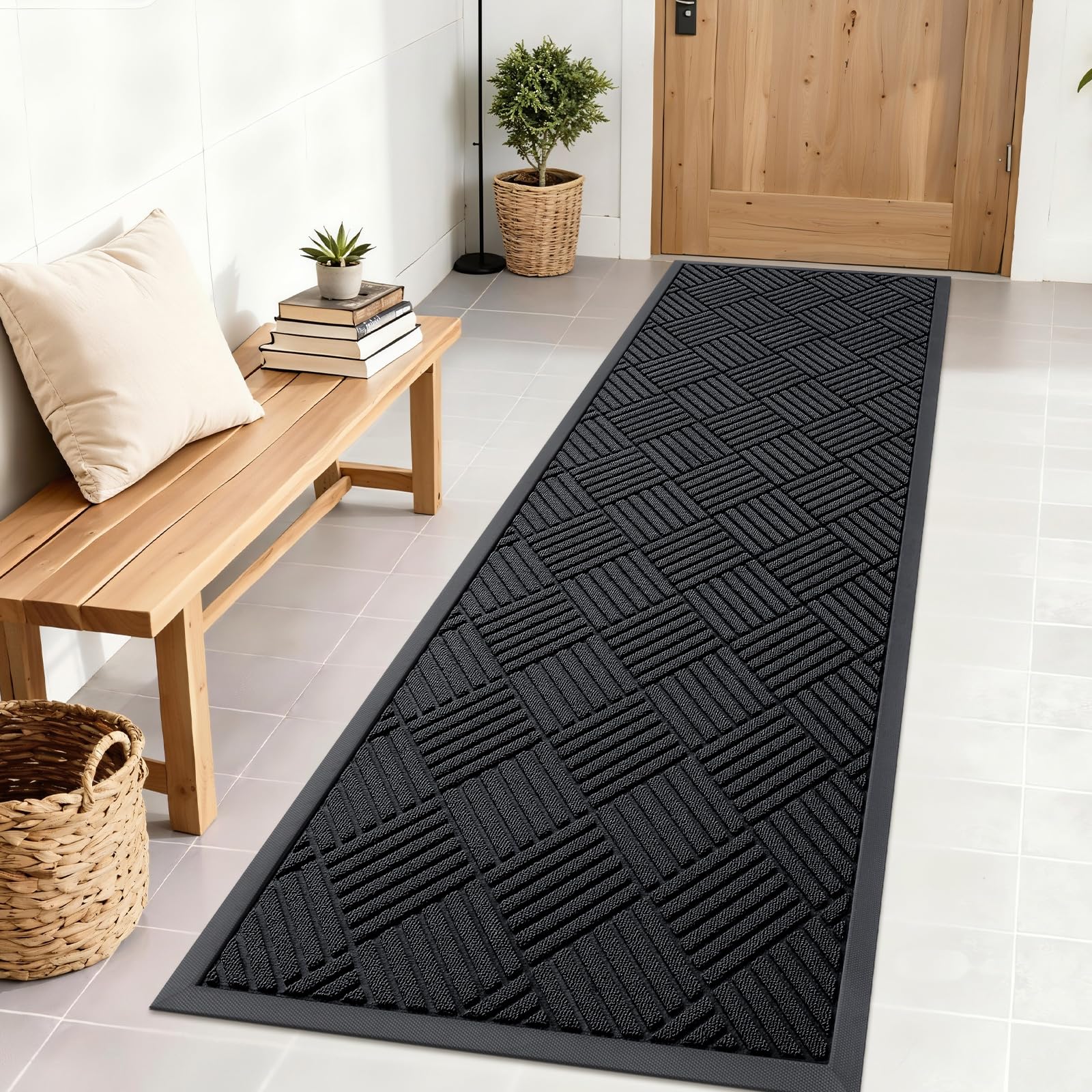 OLANLY Front Door Mat Outside Entrance 29.5x17, Absorbent, Heavy Duty Sturdy Natural Rubber Doormat Indoor Outdoor, Stain and Fade Resistant, Non-Slip Low Profile Floor Mat for Entryway, Grey Diamond