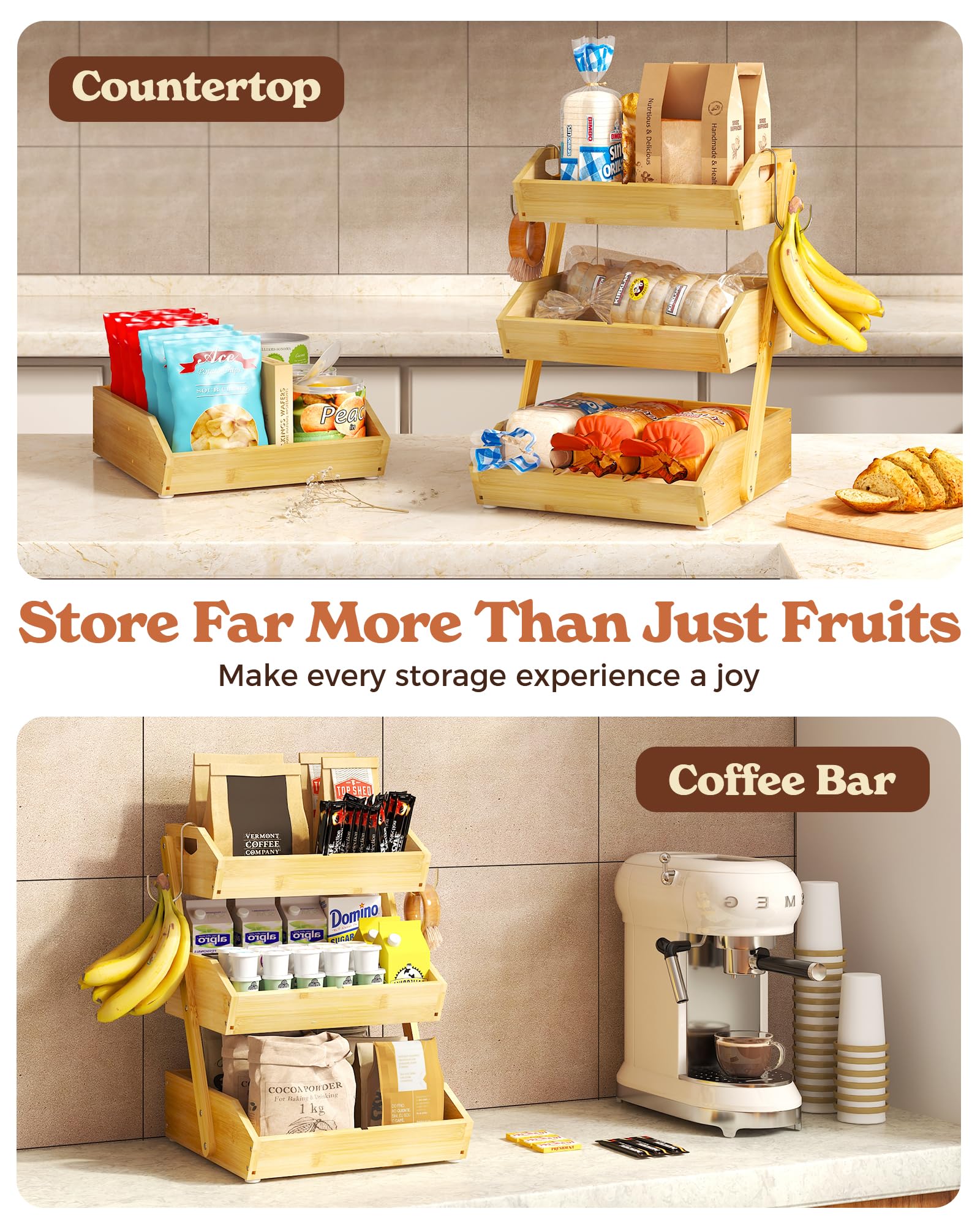 3 Tier Large Bamboo Fruit Basket for Kitchen Counter with 2 Banana Holders, Kitchen Countertop Organizer with Protective Mats, Tiered Fruit Bowl for Bread Snack Veggies with Dividers