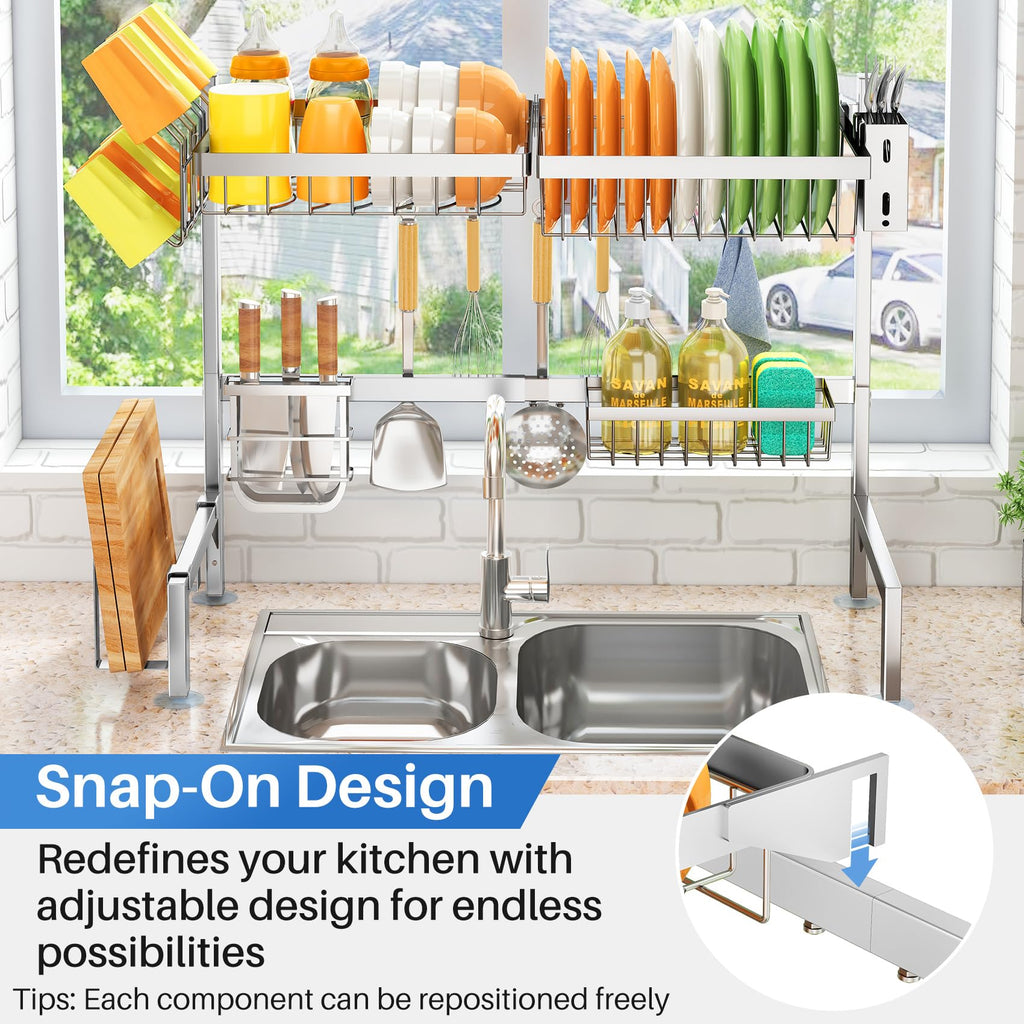 SNTD Over The Sink Dish Drying Rack - Adjustable Dish Rack for Kitchen Counter, Metal (Black)