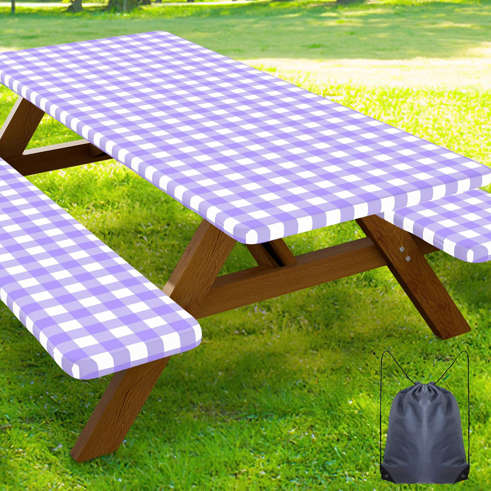 Smiry Picnic Table Cover with Bench Covers, Waterproof Elastic Fitted Tablecloths for 6 Foot Rectangle Tables, Washable Buffalo Plaid Tablecloth for Camping, Outdoor (Black & White, 30"x72")