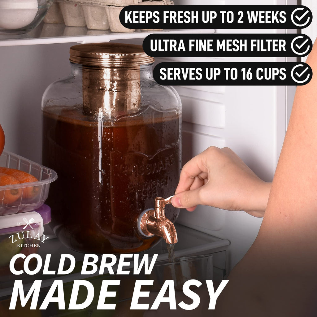 Zulay 1 Gallon/128oz Cold Brew Coffee Maker – Thick Glass Pitcher with Stainless Steel Filter, Lid & Spout – Large Mason Jar Container Dispenser - Iced Coffee & Sun Tea Brewer for Fridge – Silver