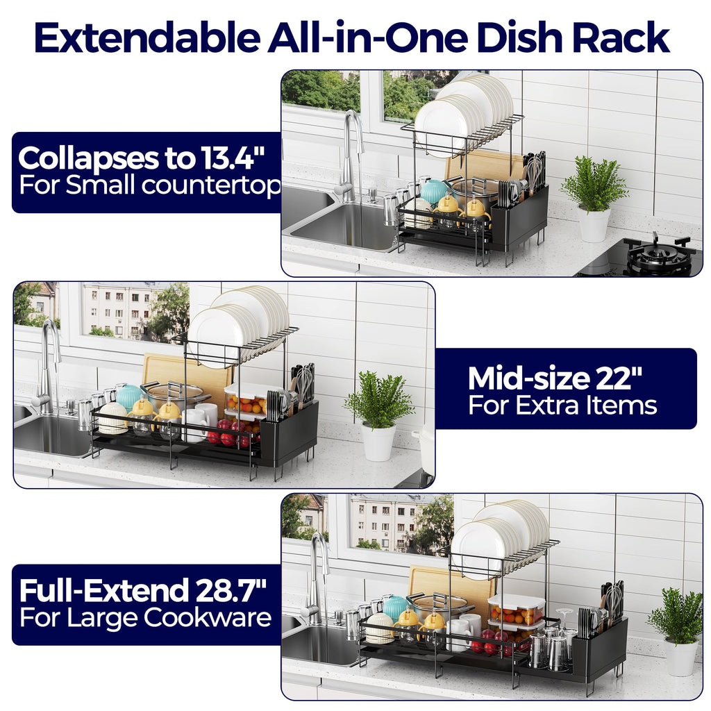 Large Dish Drying Rack, Expandable Dish Rack for Kitchen Counter, Upgraded Dish Drainer with Drainboard Set, Multifunctional Dishrack with Utensil Holder & Cup Holder, 13.4"-28.7" L x 11.8" W