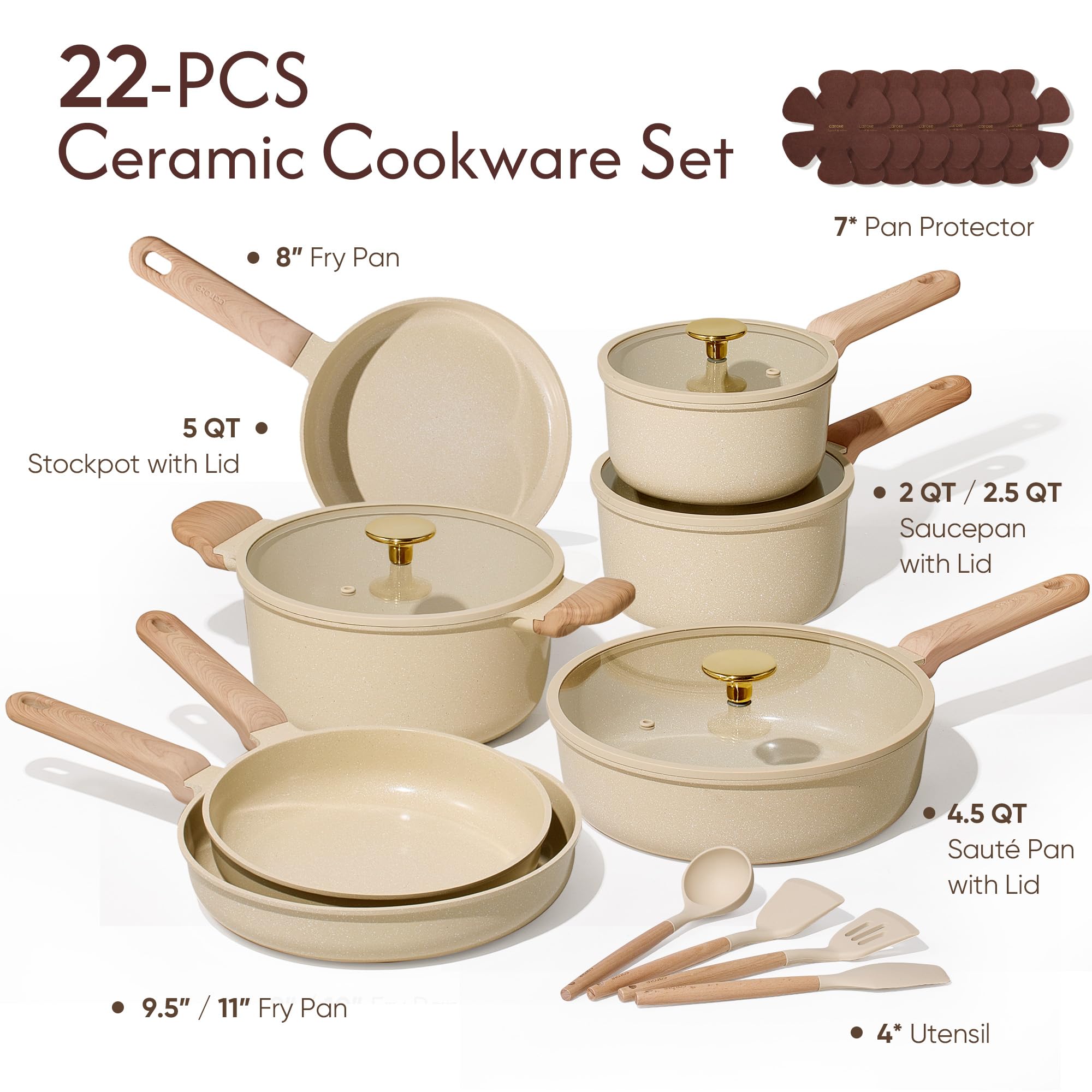 CAROTE 14Pcs Pots and Pans Set Non stick, Ceramic Cookware Set, Non-toxic Kitchen Cooking Set, PFAS and PFOA Free