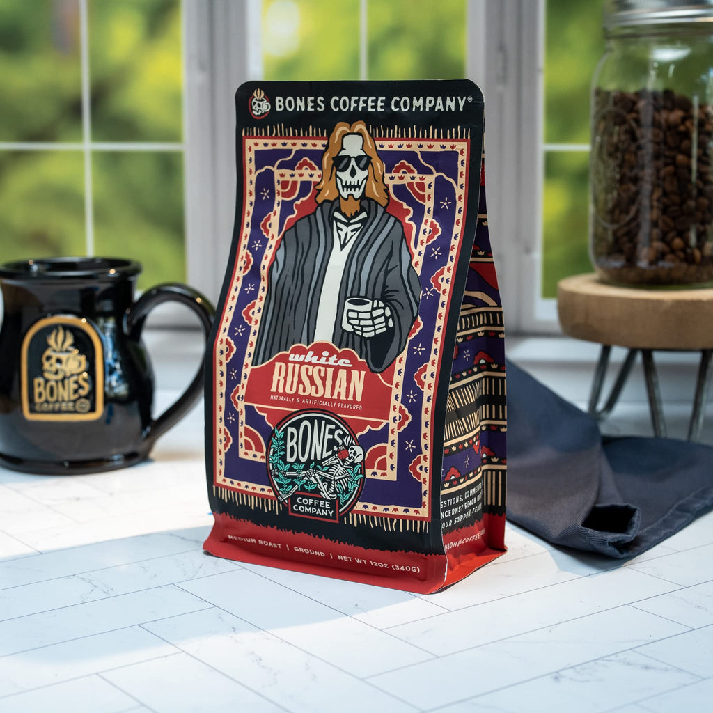 Bones Coffee Company Salted Caramel Flavored Coffee, Medium Roast Low Acid Arabica Beans Compatible with Auto drip and French Press Coffee Maker, 12 Oz Whole Bean