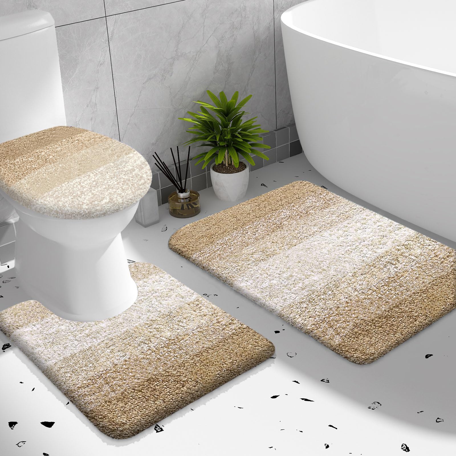 OLANLY Bathroom Rugs Sets 3 Piece, Soft Microfiber Absorbent Bath Mat, U-Shaped Contour Toilet Mat and Toilet Lid Cover, Quick Dry, Machine Washable, Toilet Cover and Rug Set for Bathroom, Grey