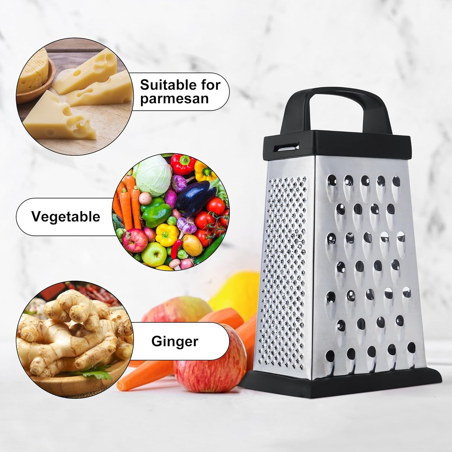 Cheese Grater, Mini Size 4-Sided Stainless Steel Grater, Food Shredder for Cheese, Parmesan, Vegetable, Dishwasher Safe, Black