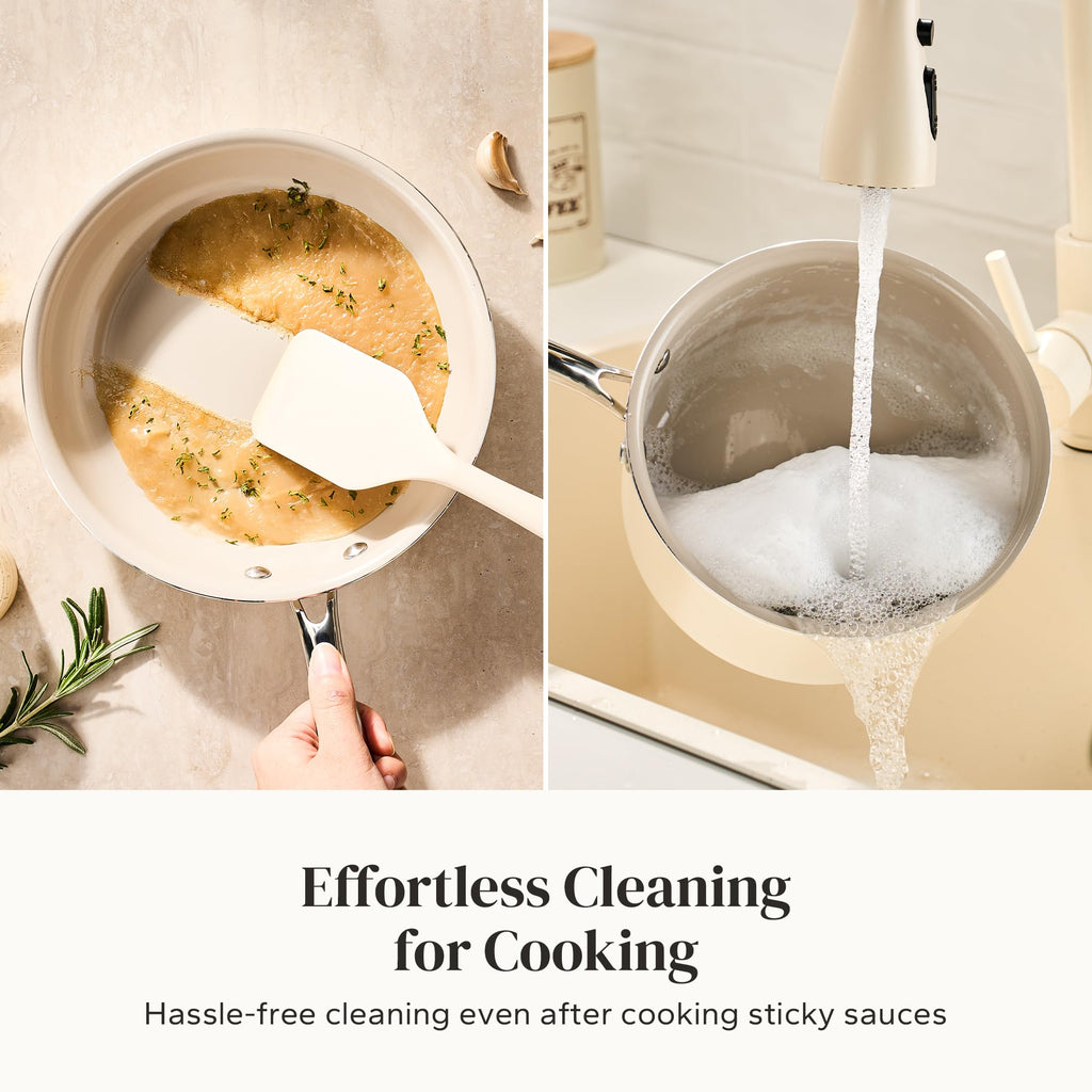 Redchef Sauce Pan & Frying Pan Set, 8" Ceramic Nonstick Fryingpan & 2.5Qt Saucepan with Lid, Mini Cookware Set, Induction Compatible, Nontoxic PTFE PFOA Free, Oven & Dishwasher Safe, Beige