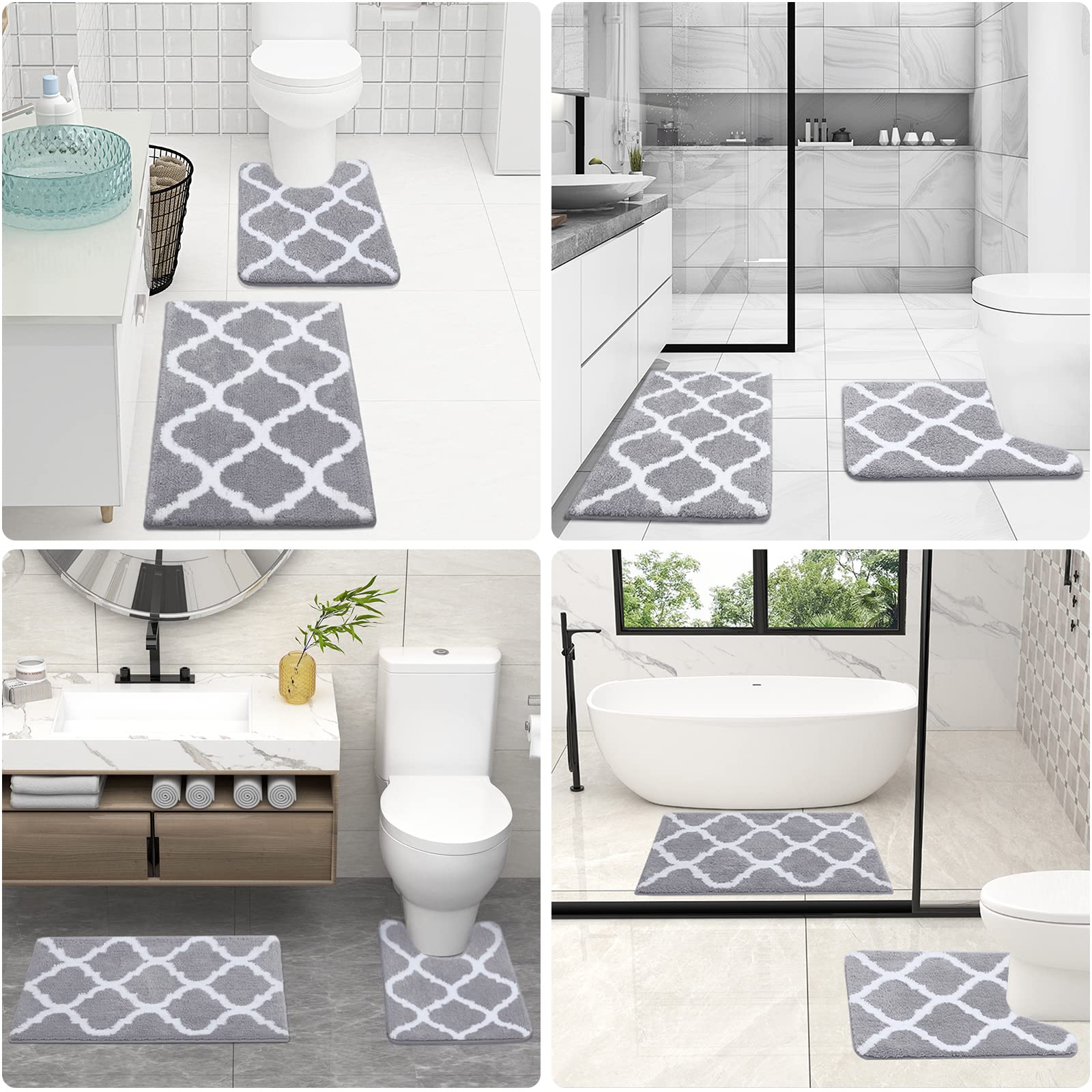 OLANLY Bathroom Rugs Set 2 Piece, Microfiber Bath Shower Mat and U-Shaped Toilet Rug, Machine Wash Dry, Non-Slip Absorbent Shaggy Bath Mats for Tub, Shower and Bathroom (30"x20"+24"x20", Grey)
