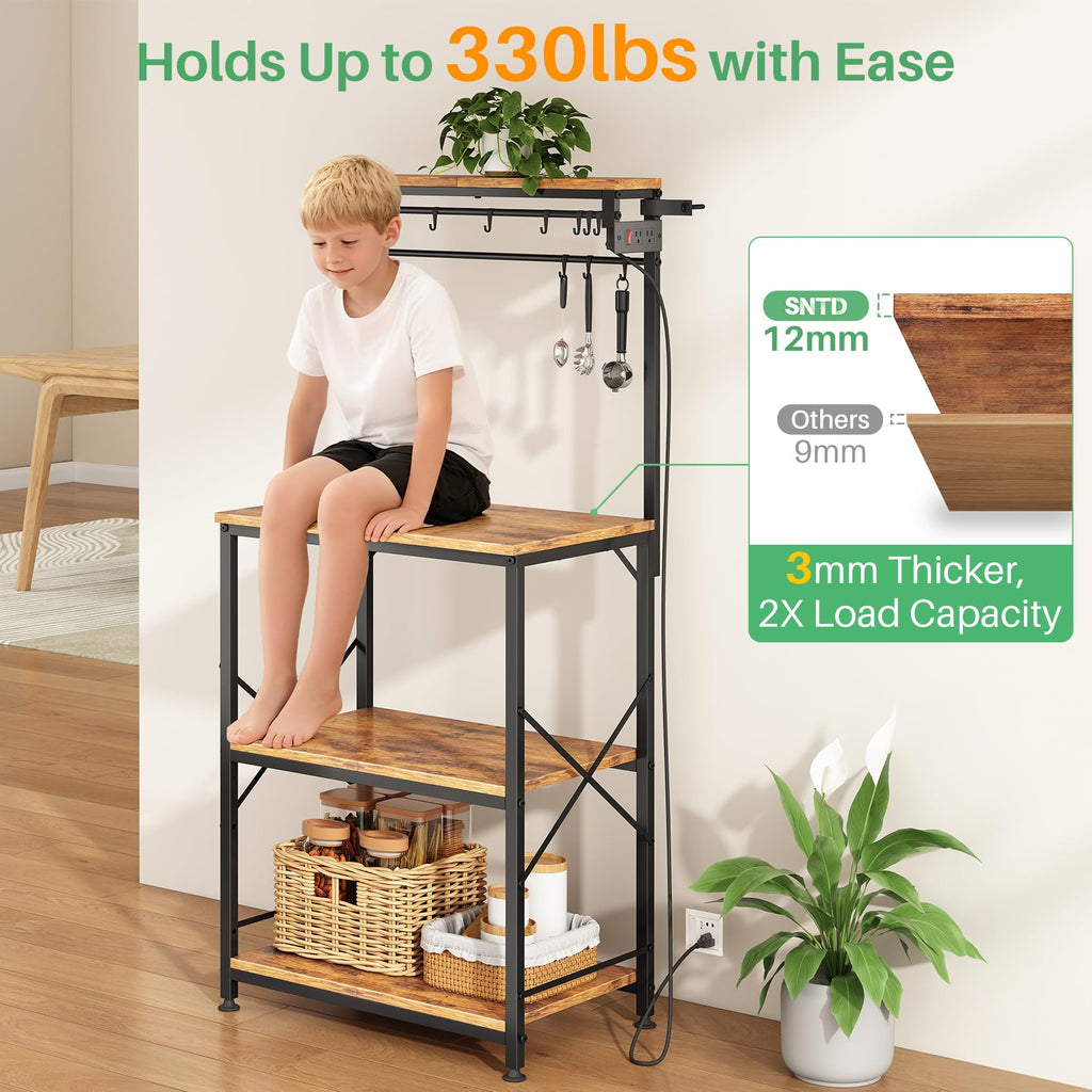 SNTD Bakers Rack with Power Outlet, Kitchen Shelves Microwave Stand with Wire Grid and 10 Hooks, 4 Tiers Coffee Stand (Rustic Brown, 23.5 x 15.6 x 52.8 Inches)