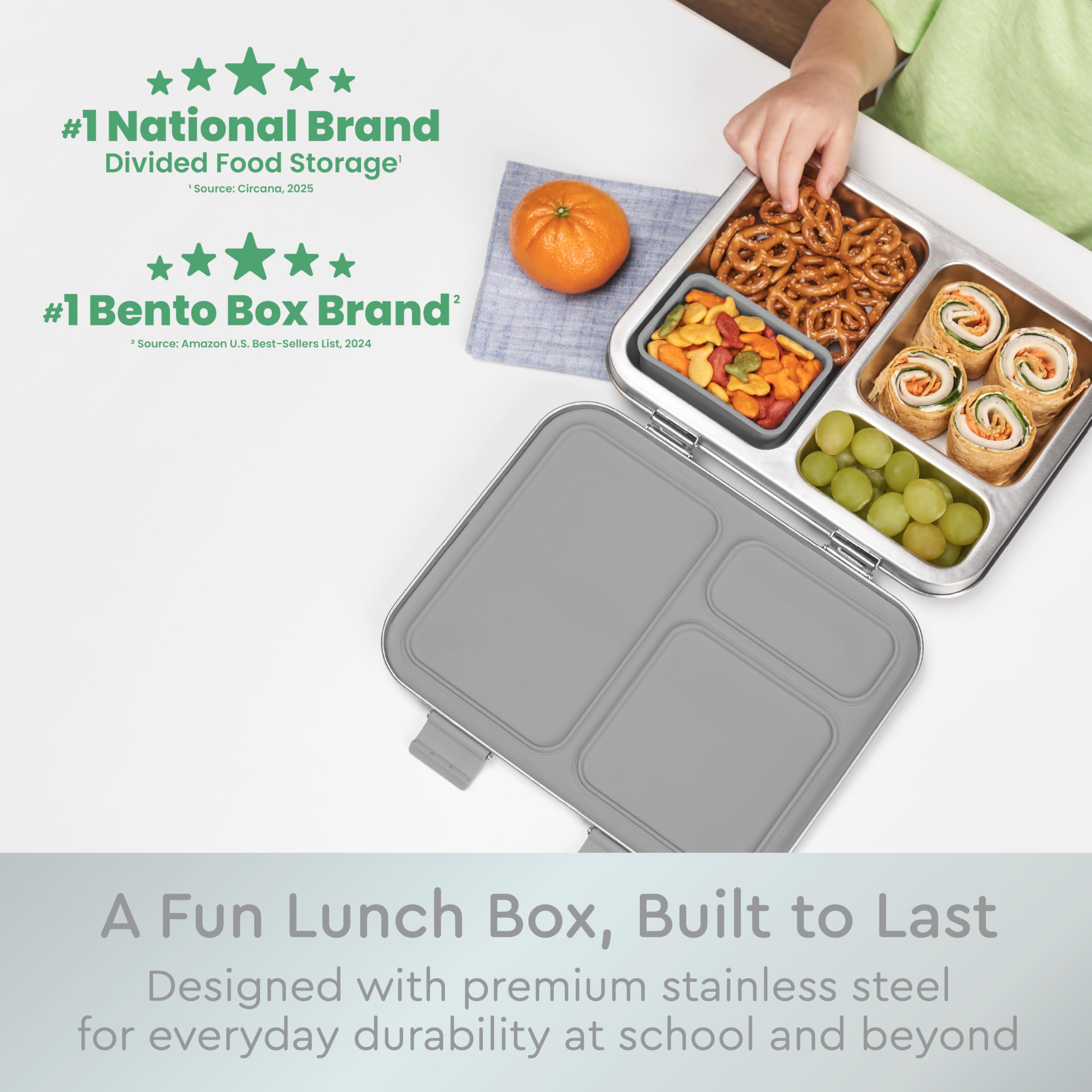 Bentgo Kids Stainless Steel Leak-Resistant Lunch Box - 3-Compartments with Bonus Silicone Container, Durable, Eco-Friendly, Dishwasher Safe, BPA-Free, Ideal for School, Ages 3+ (Blue)