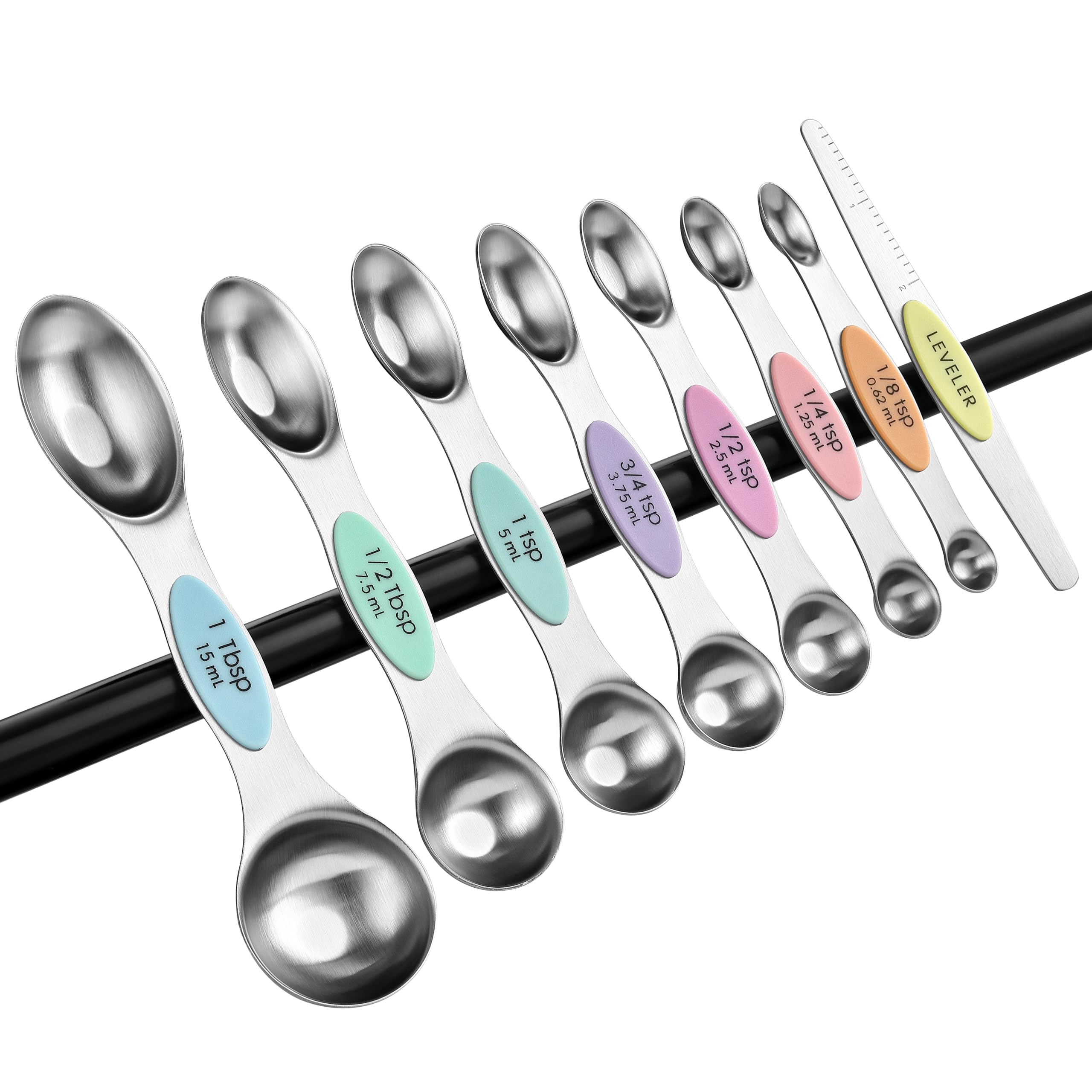 Spring Chef Stainless Steel Magnetic Measuring Spoons Set with Strong N45 Magnets, Heavy Duty Metal Kitchen Gadgets for Baking & Cooking, Fits in Most Kitchen Spice Jars, Set of 8 with Leveler, Black