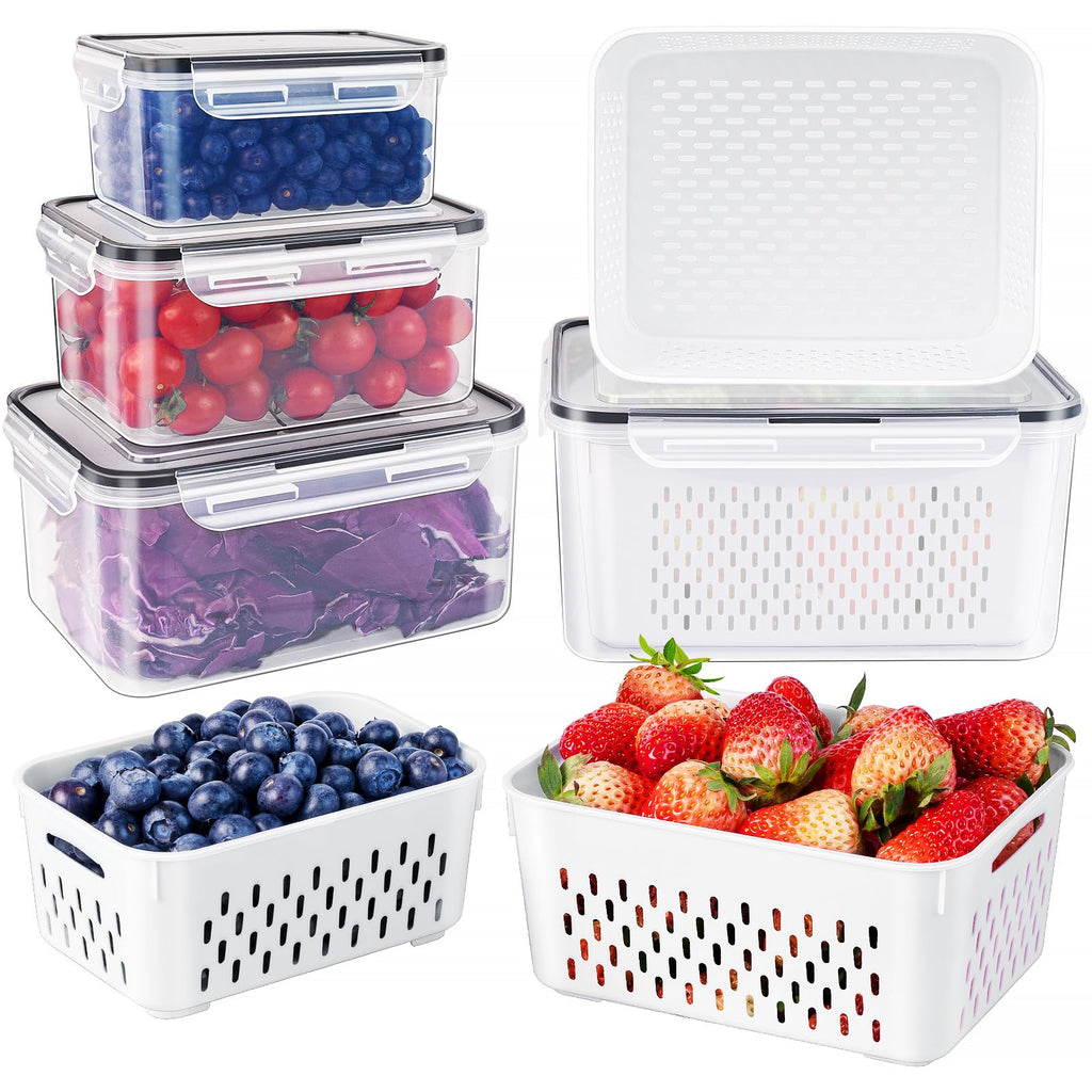 4 PCS Fruit storage Containers for Fridge with Removable Colander and Chopper Set, Leakproof Food Storage Containers with lids, Dishwasher & Microwave Safe Produce Containers to Keep Fruits Fresh ﻿