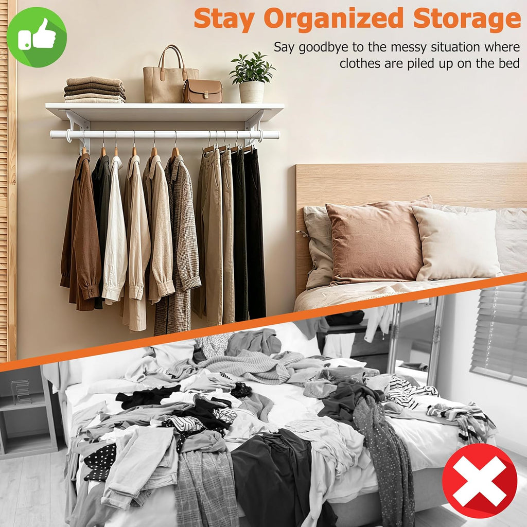 RedCall Wall Mounted Clothes Rack with Shelf, Heavy Duty Clothing Rack for Hanging Clothes, 31.5" Wall Mounted Coat Rack with Hanging Rod, Load up to 80 lb, for Entryway, Bedroom, Laundry Room, Closet