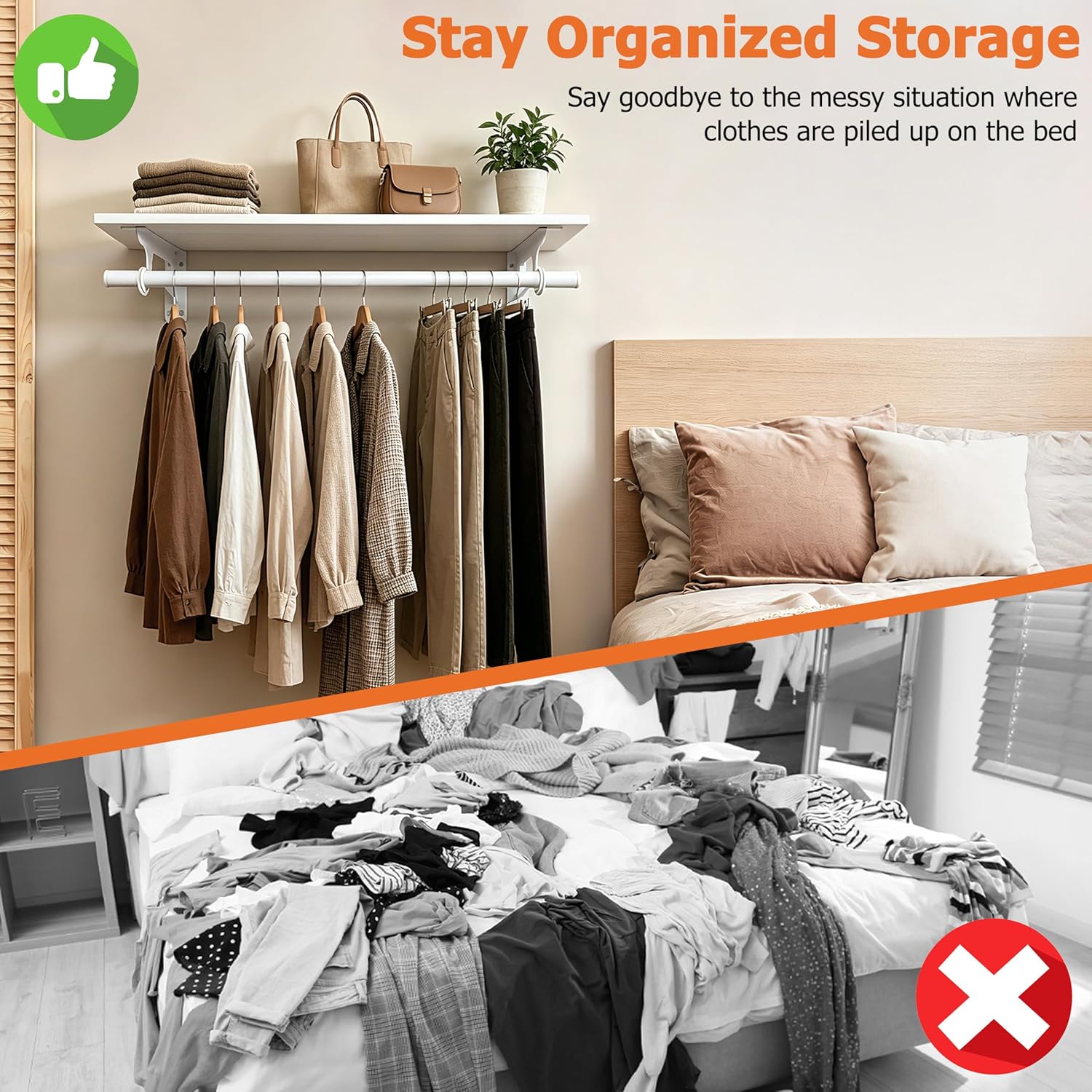 RedCall Wall Mounted Clothes Rack with Shelf, Heavy Duty Clothing Rack for Hanging Clothes, 31.5" Wall Mounted Coat Rack with Hanging Rod, Load up to 80 lb, for Entryway, Bedroom, Laundry Room, Closet