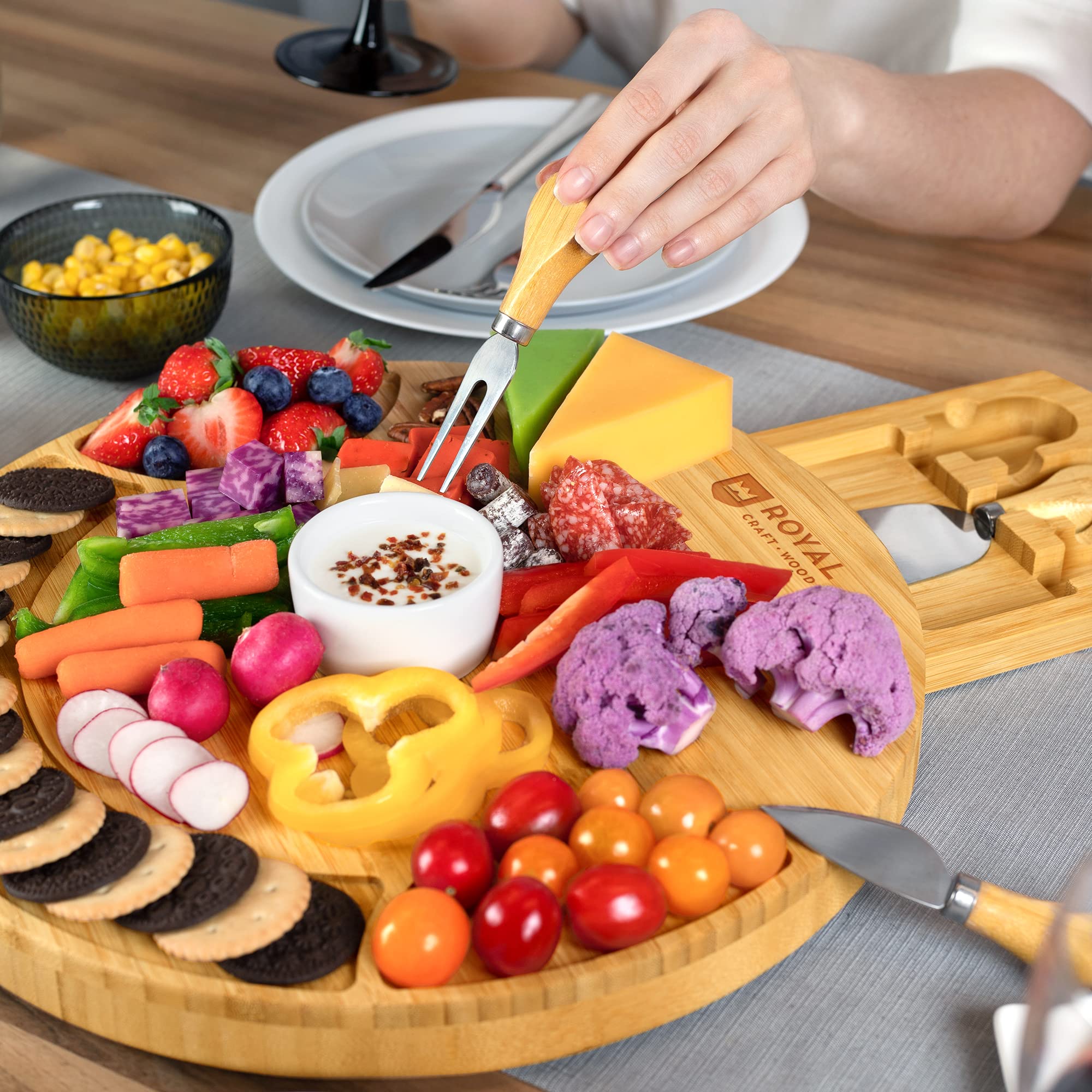 ROYAL CRAFT WOOD Premium Bamboo Charcuterie Board Set - Cheese Platter & Serving Tray & Serving Utensils - Perfect Housewarming Gift, Wedding, Bridal Shower Gift - Ideal for Entertaining and New Home