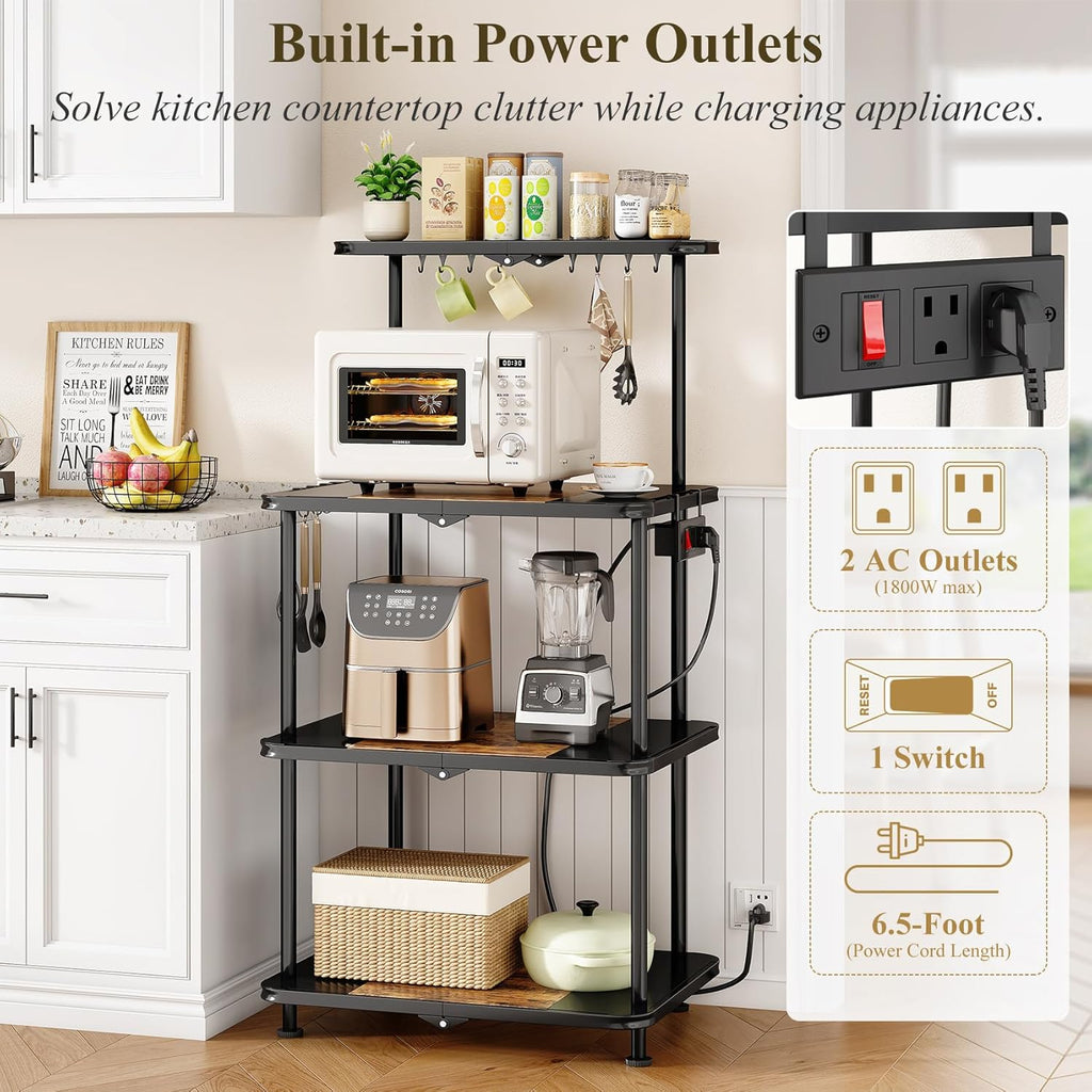 SNTD Kitchen Bakers Rack with Power Outlet - Easy & Tool-Free Assembly, Adjustable Coffee Bar Station 4 Tiers, Microwave Stand with 12 Hooks, Brown