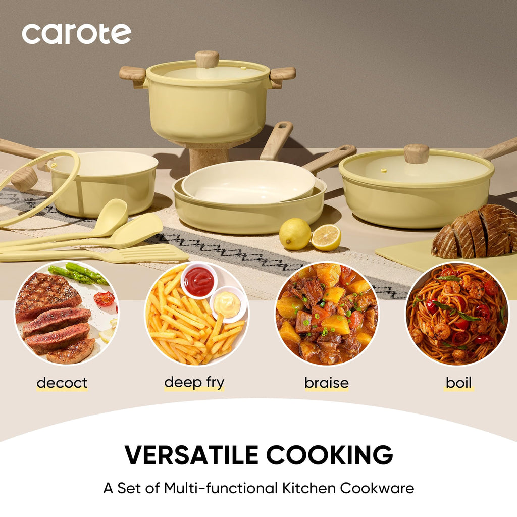 CAROTE 24pcs Ceramic Cookware Set, Pots and Pans Non Stick Kitchen Cookware Sets, Pots and Pans Set Cooking Set with Knife Set