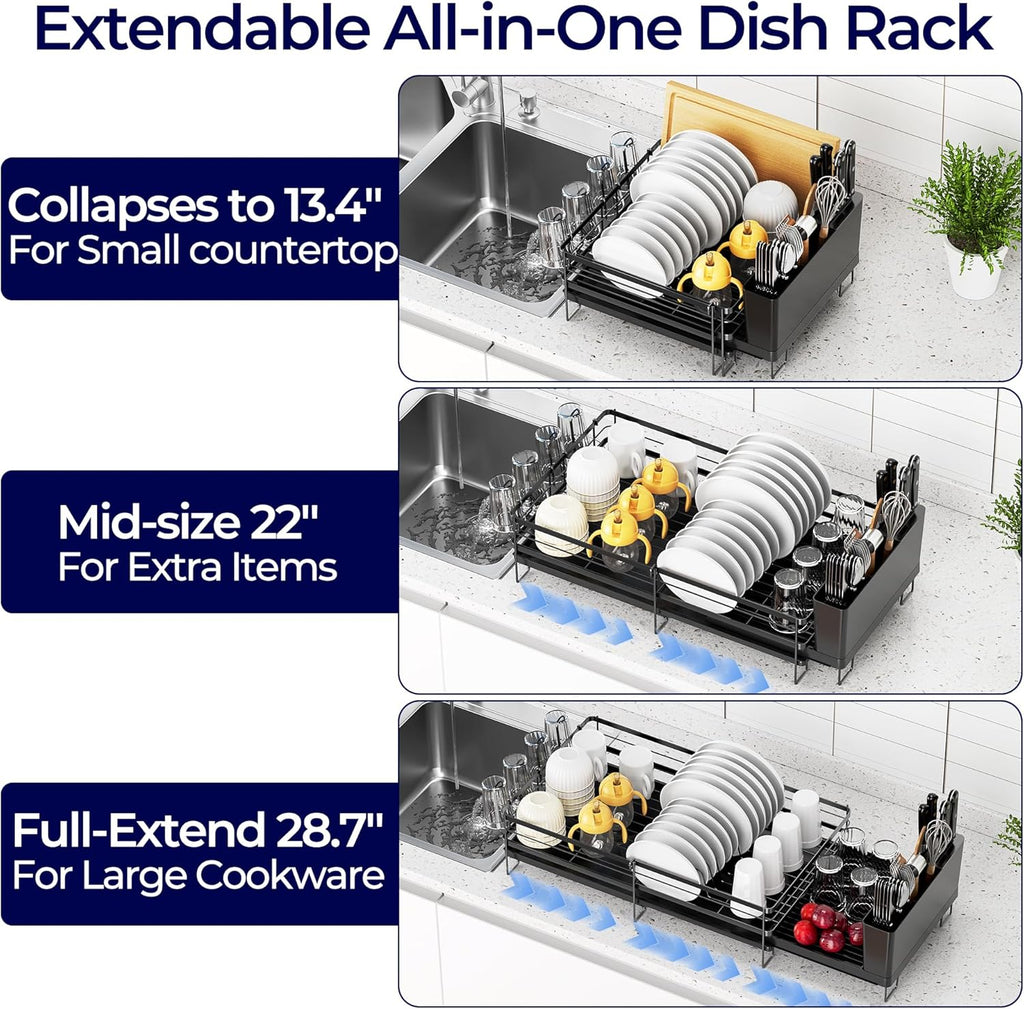 Large Dish Drying Rack, Expandable Dish Rack for Kitchen Counter, Dish Drainer with Drainboard Set, Multifunctional Dishrack with Utensil Holder & Cup Holder, 13.4"-28.7" L x 11.8" W, Black