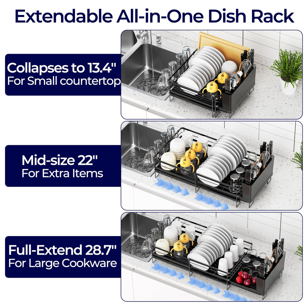 Large Dish Drying Rack, Expandable Dish Rack for Kitchen Counter, Upgraded Dish Drainer with Drainboard Set, Multifunctional Dishrack with Utensil Holder & Cup Holder, 13.4"-28.7" L x 11.8" W