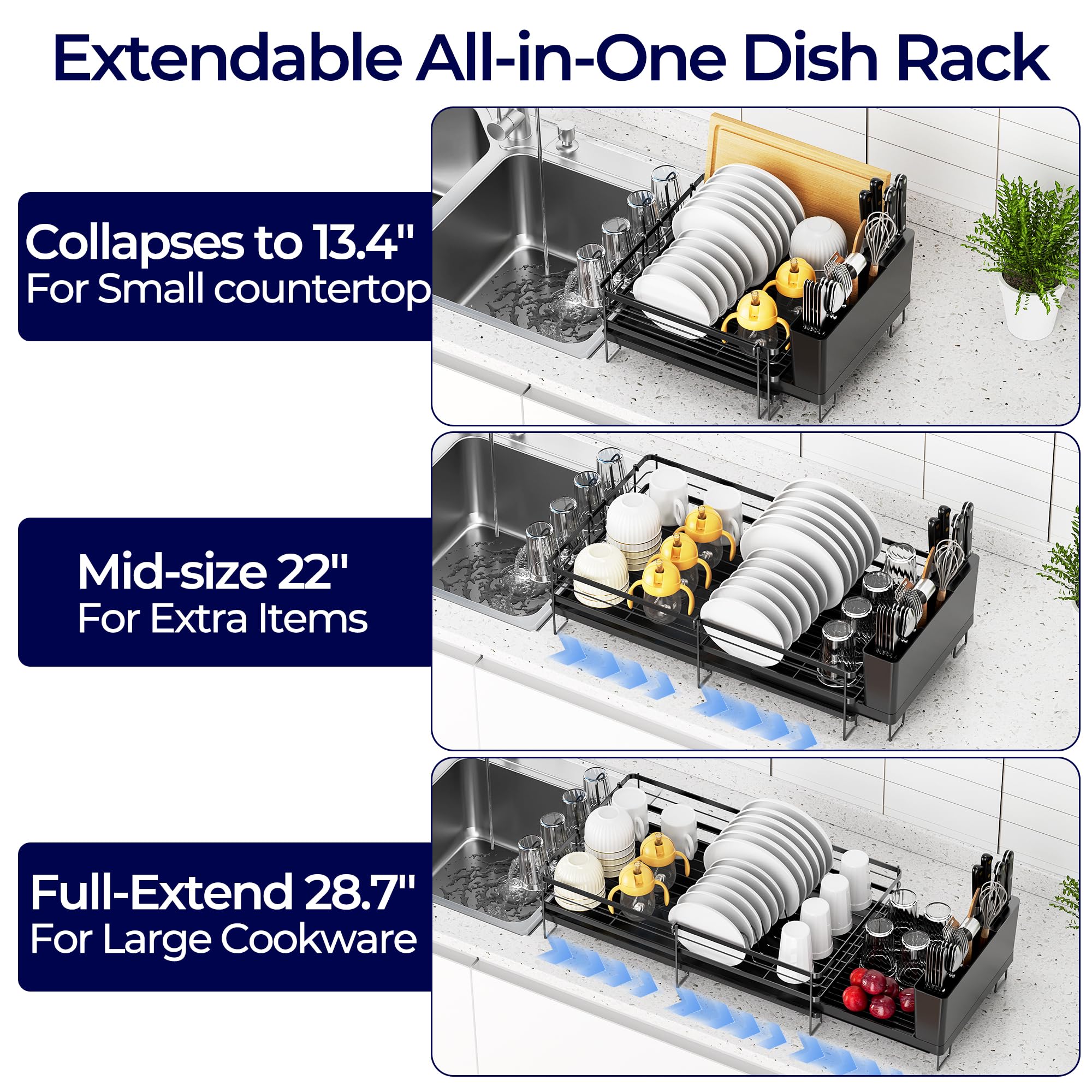 Large Dish Drying Rack, Expandable Dish Rack for Kitchen Counter, Upgraded Dish Drainer with Drainboard Set, Multifunctional Dishrack with Utensil Holder & Cup Holder, 13.4"-28.7" L x 11.8" W