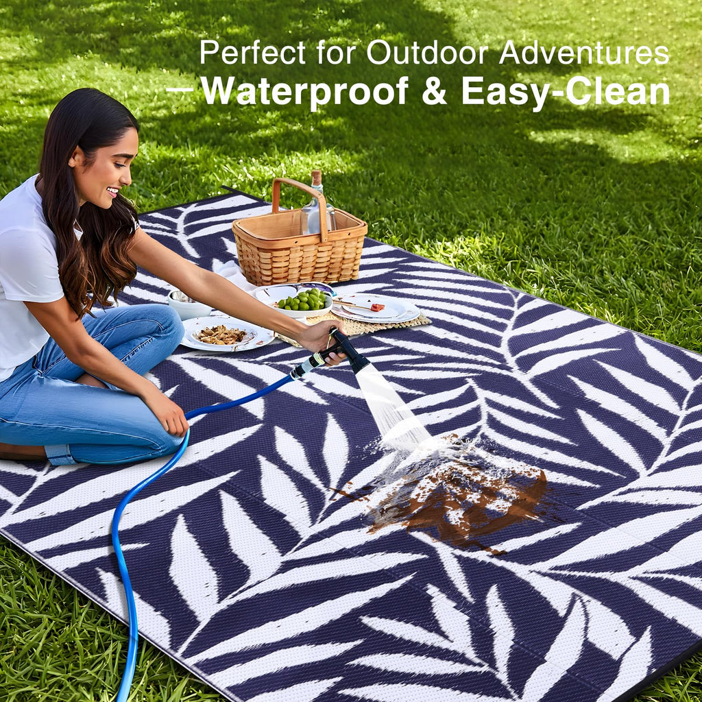 OLANLY Waterproof Outdoor Rug 5x8 ft, Reversible Outdoor Plastic Straw Rug with Leaf Pattern, RV Mat, Indoor Outdoor Carpet for Patio, Camping, Balcony, Deck, Backyard, Grey & White