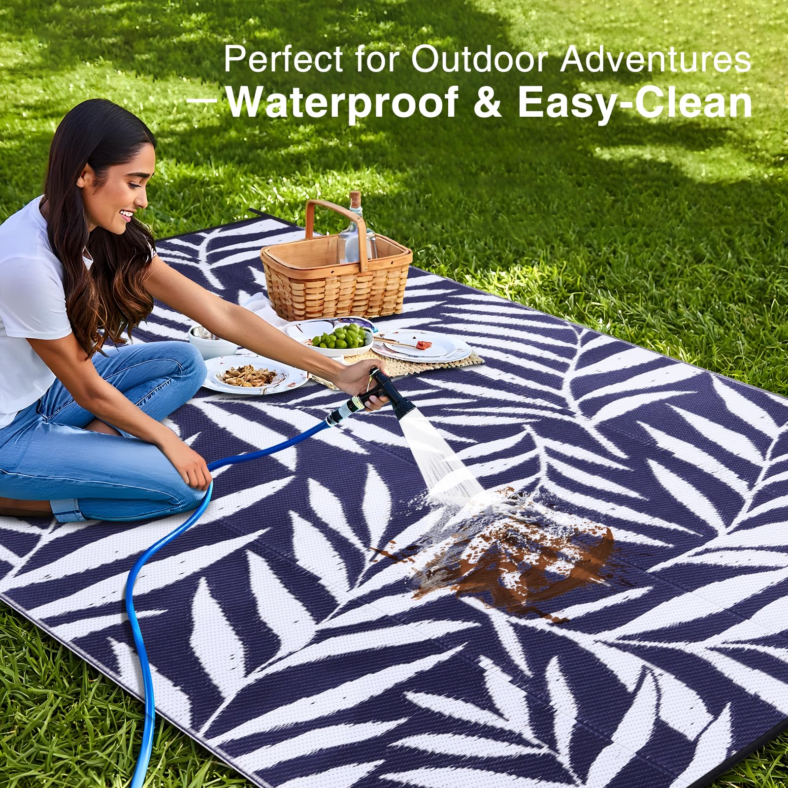 OLANLY Waterproof Outdoor Rug 5x8 ft, Reversible Outdoor Plastic Straw Rug with Leaf Pattern, RV Mat, Indoor Outdoor Carpet for Patio, Camping, Balcony, Deck, Backyard, Grey & White