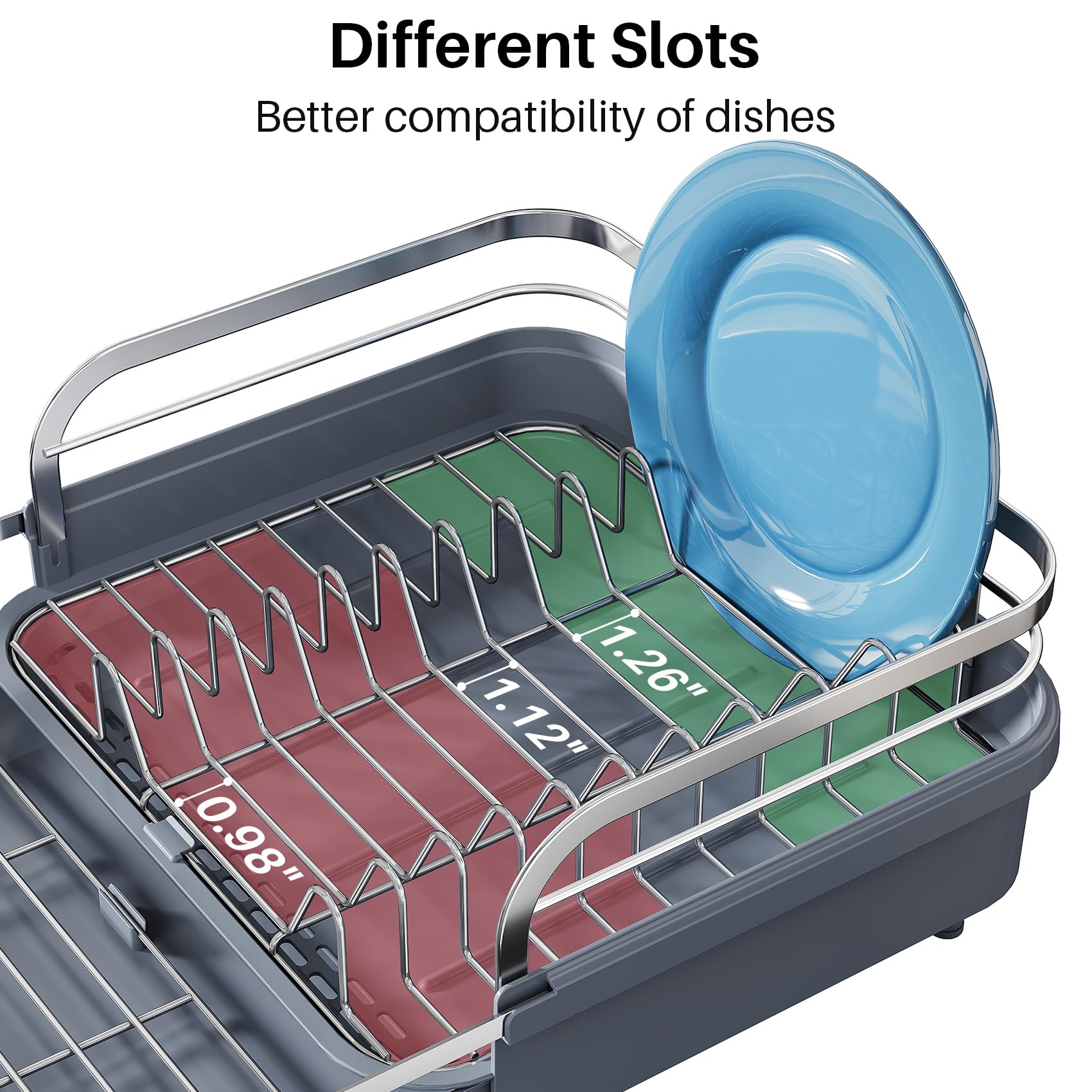 SNTD Dish Drying Rack, Expandable Dish Rack for Kitchen Counter, Stainless Steel Dish Drainer with Drainboard Set and Utensil Holder (Black)