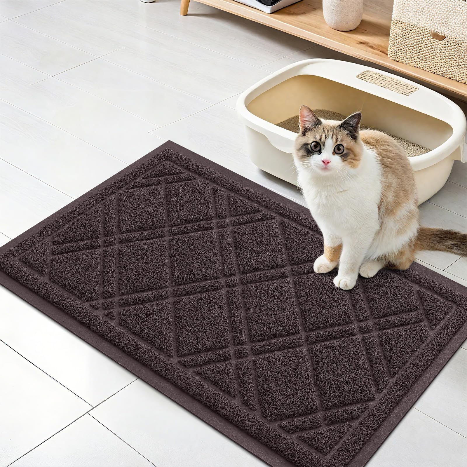 Smiry Cat Litter Box Mat 30x17, Non-Slip Water Resistant Litter Trapping Mat, Easy Clean Less Waste and Urine-Locking Cat Carpet for Indoor, Grey