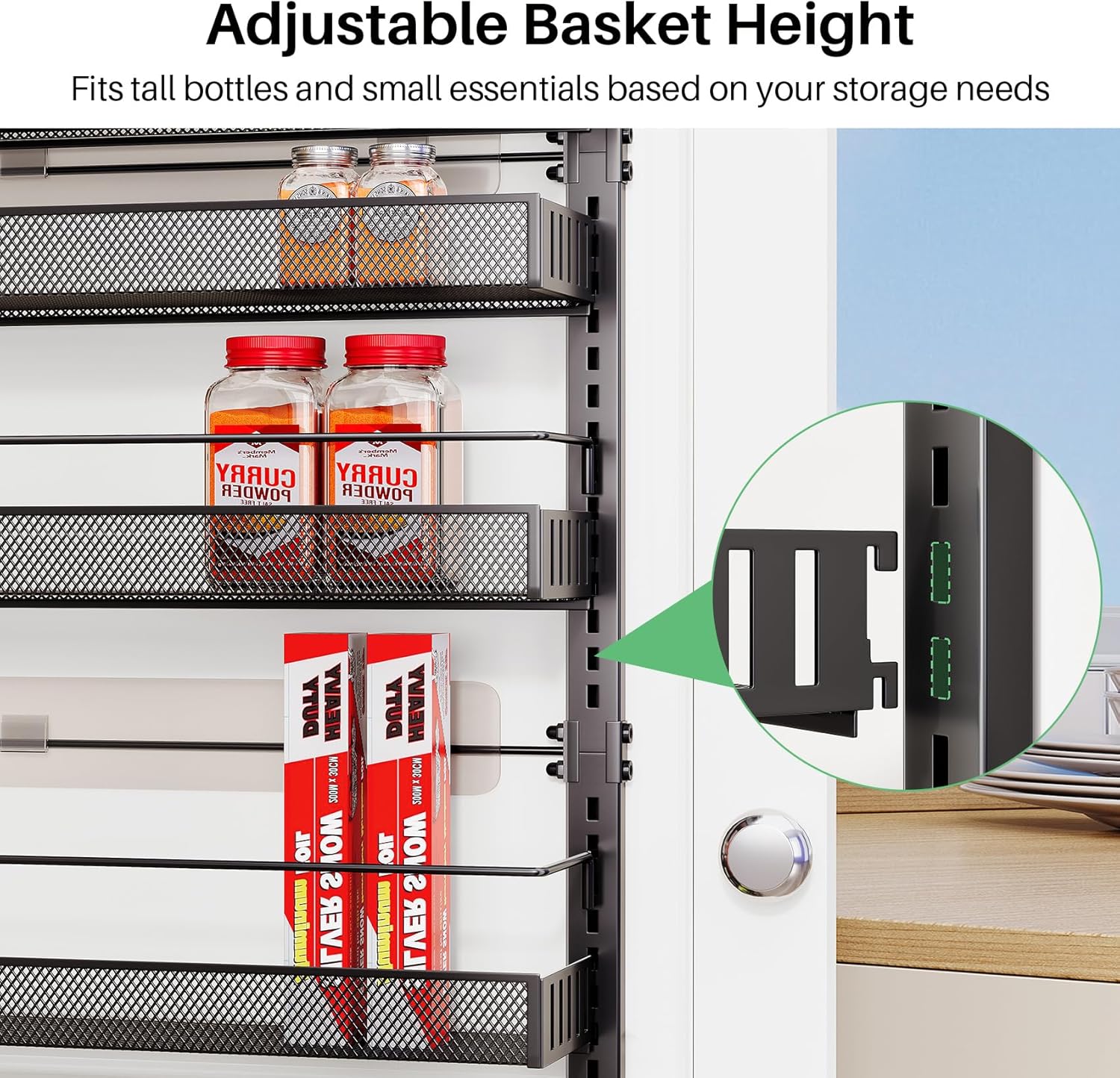SNTD 8 Tiers Over the Door Organizer - Height Adjustable Pantry Organizers and Storage with Dense Mesh Baskets, Anti-Swing Hanging Door Spice Rack for Kitchen Bathroom (Black, 17" W x 6" D x 69" H)