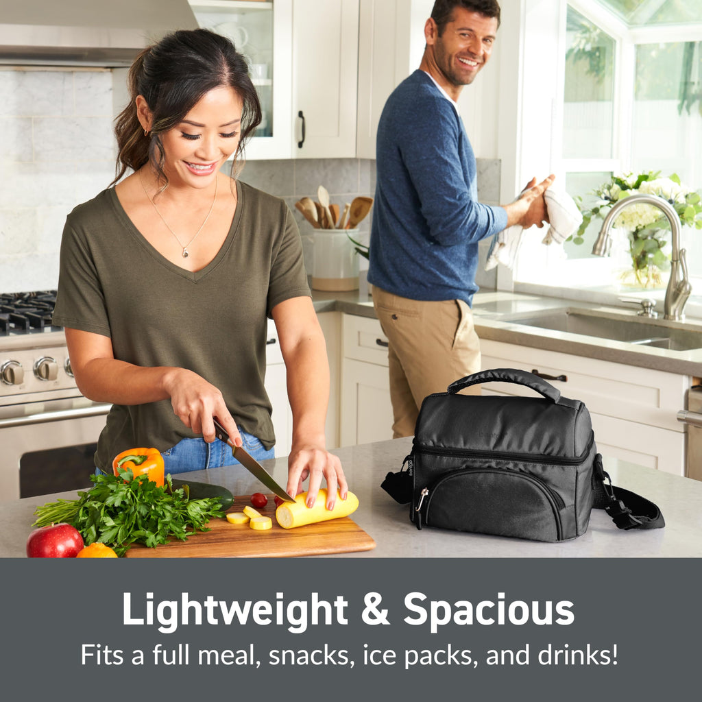 Bentgo® Deluxe Lunch Bag - Durable and Insulated Lunch Tote with Zippered Outer Pocket, Internal Mesh Pocket, Padded & Adjustable Straps, & 2-Way Zippers - Fits Most Lunch Boxes (Carbon Black)