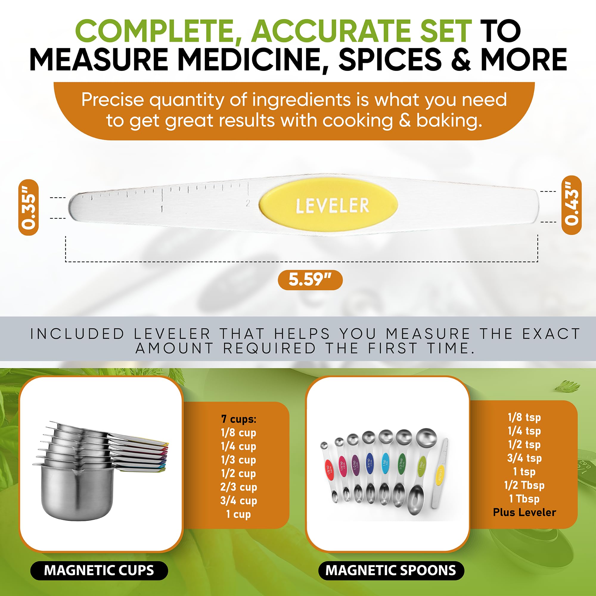 Spring Chef Magnetic Measuring Cups & Spoons Set, Patented, Strong N45 Magnets, Heavy Duty Stainless Steel Fits in Spice Jars for Baking & Cooking, BPA Free, Round Set of 15 with Leveler, Black