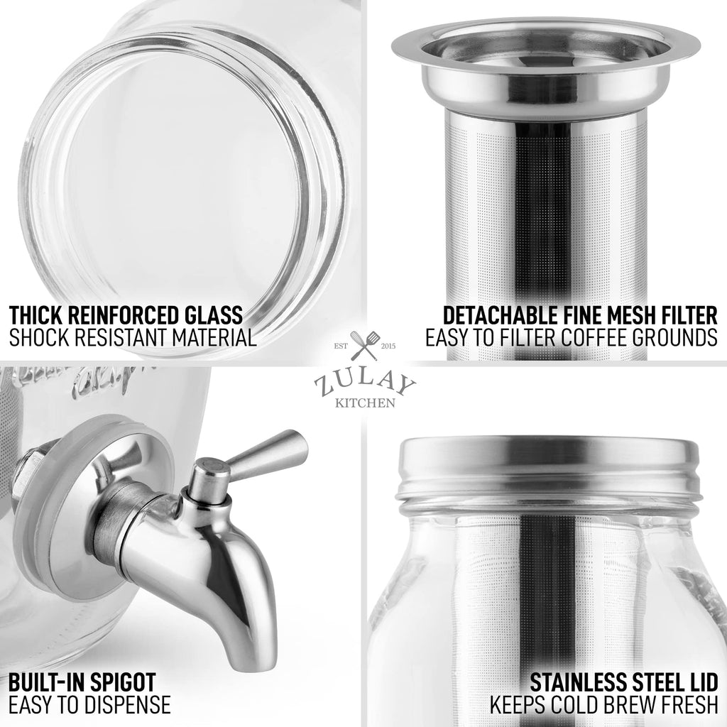 Zulay 1 Gallon/128oz Cold Brew Coffee Maker – Thick Glass Pitcher with Stainless Steel Filter, Lid & Spout – Large Mason Jar Container Dispenser - Iced Coffee & Sun Tea Brewer for Fridge – Silver