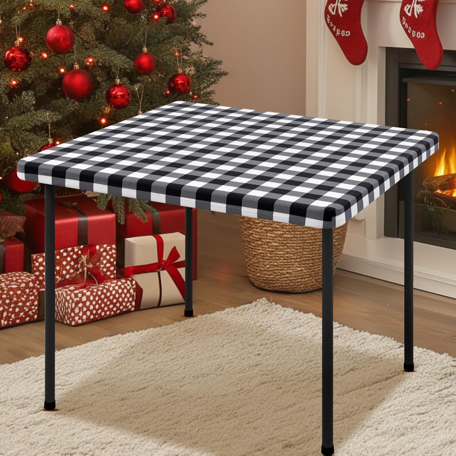 Smiry Rectangle Picnic Table Cloth, Elastic Waterproof Fitted Vinyl Tablecloths, Flannel Backed Buffalo Plaid Table Covers for Dining, Camping, Outdoor (Black and White, 30" x 72")