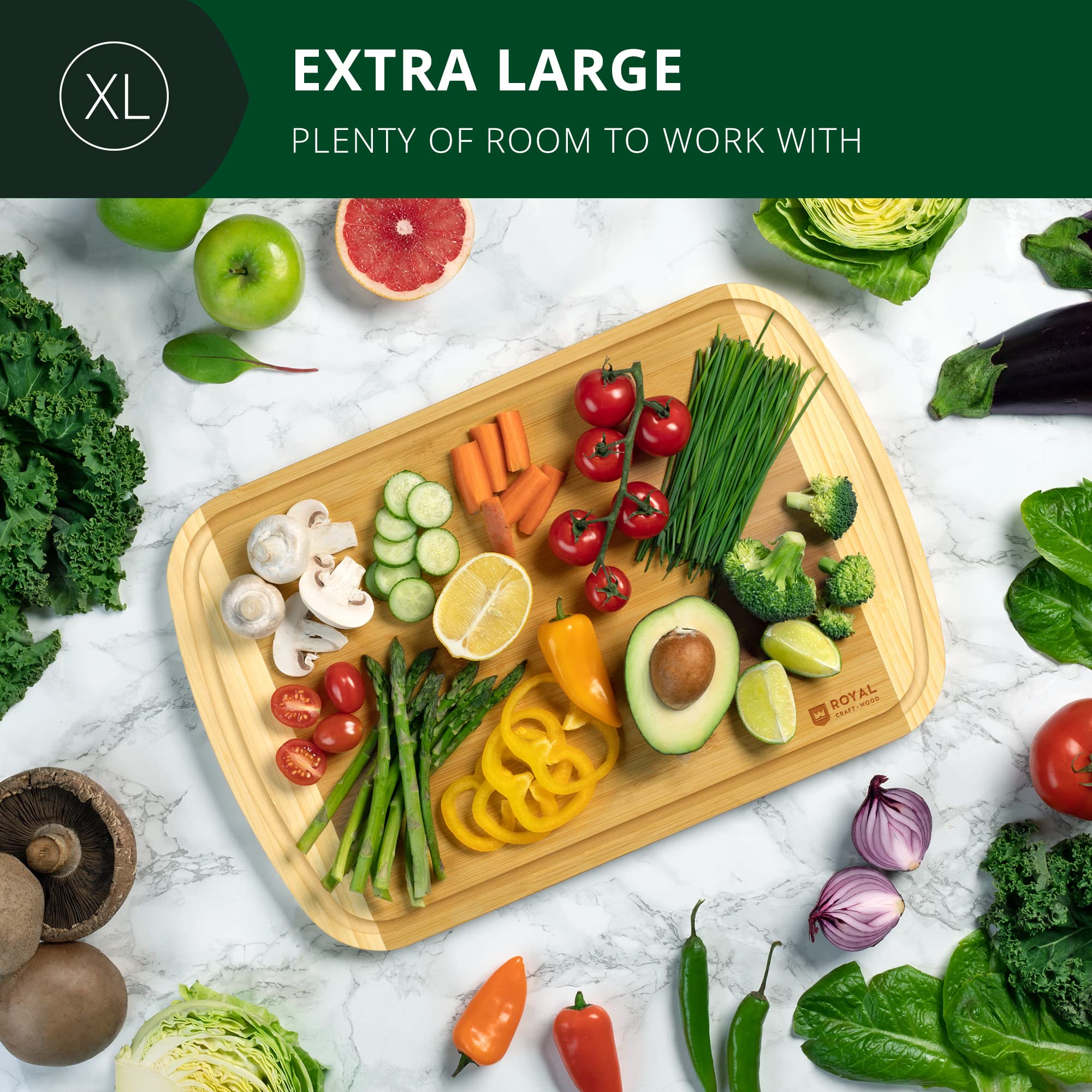 ROYAL CRAFT WOOD Organic Bamboo Cutting Board with Juice Groove - Kitchen Chopping Board for Meat (Butcher Block) Cheese and Vegetables
