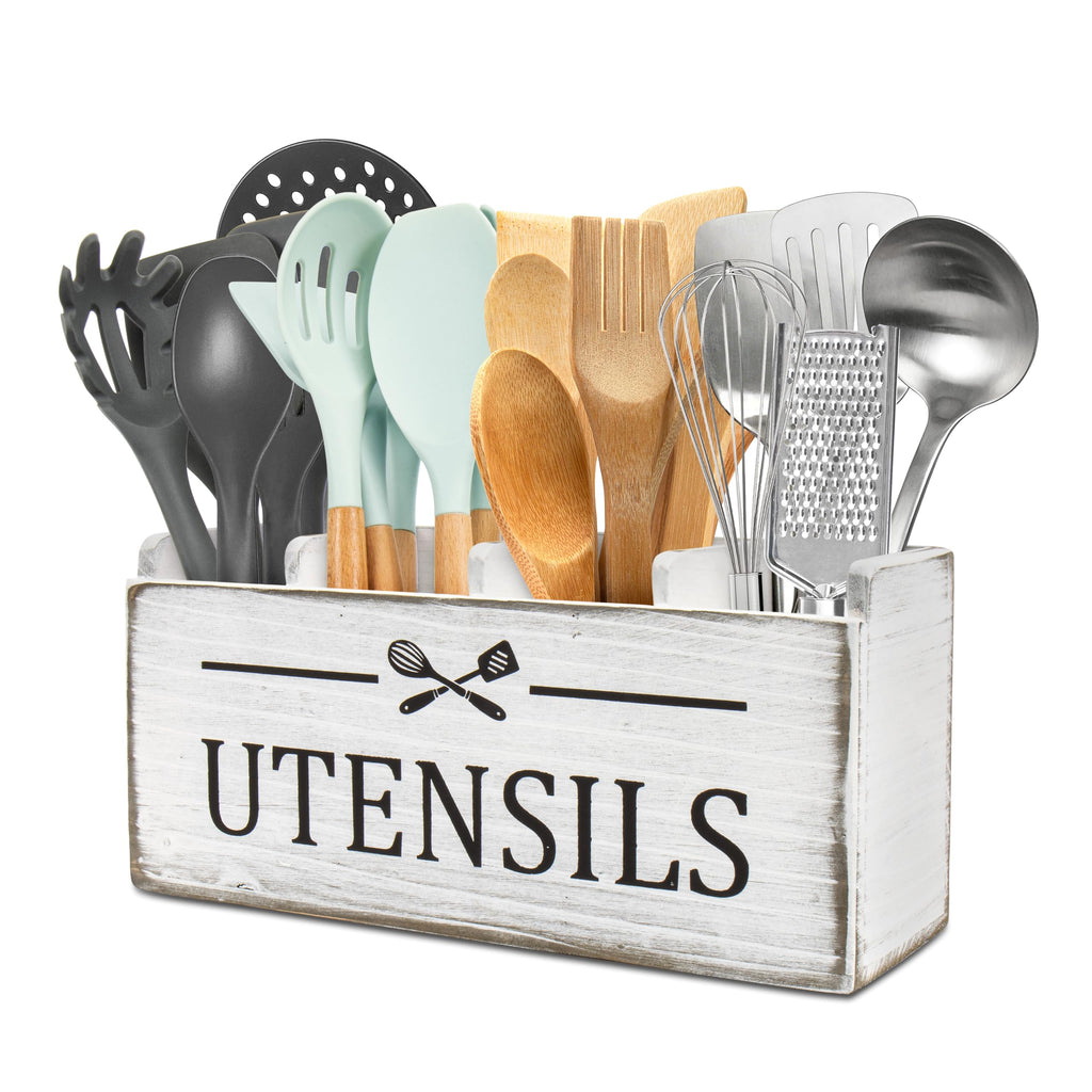 RedCall Extra Large Utensil Holder Organizer,4 Compartments Wooden Kitchen Tool Holder for Countertop,Rustic Farmhouse Utensil Organizer for Spatula Spoon Storage (Antique-4)