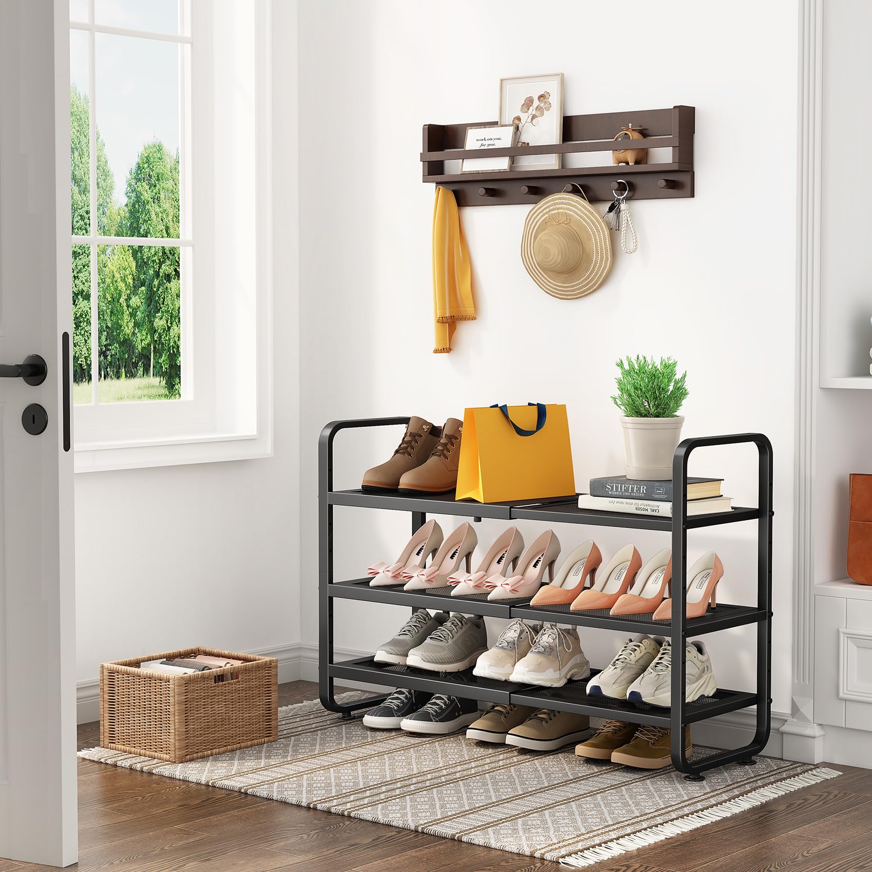 SNTD Shoe Rack - Expandable Shoe Organizer for Closet, Adjustable Metal Shoe Shelf Storage, Stackable Long Shoe Stand Holder for Garage, Entryway, Door Entrance (Black, 2-Tier)