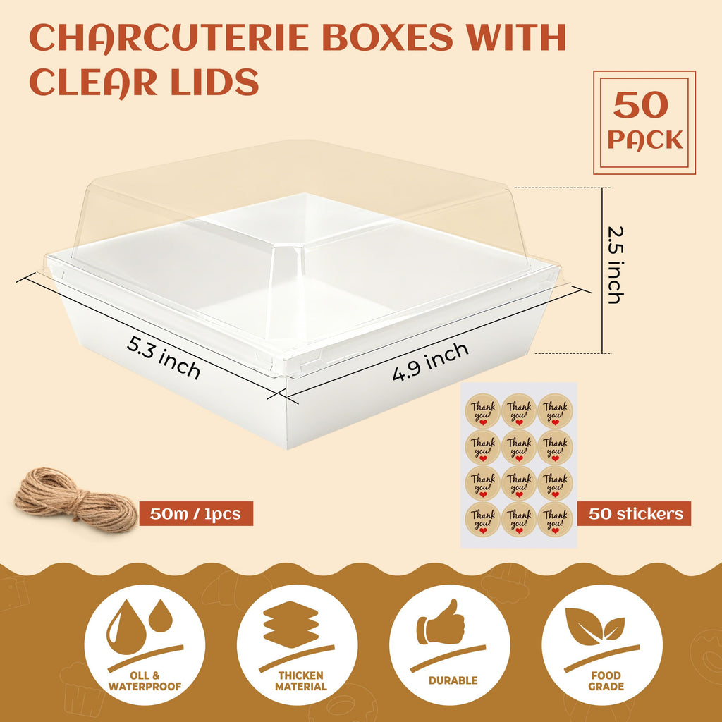 Disposable Charcuterie Boxes with Clear Lid, Food Boxes for Cold&Room Temperature Foods,Grease-Resistant Bakery Packaging for Pastry & Takeout Use 5.3x4.9x2.5INCH(50 Pack,Brown)