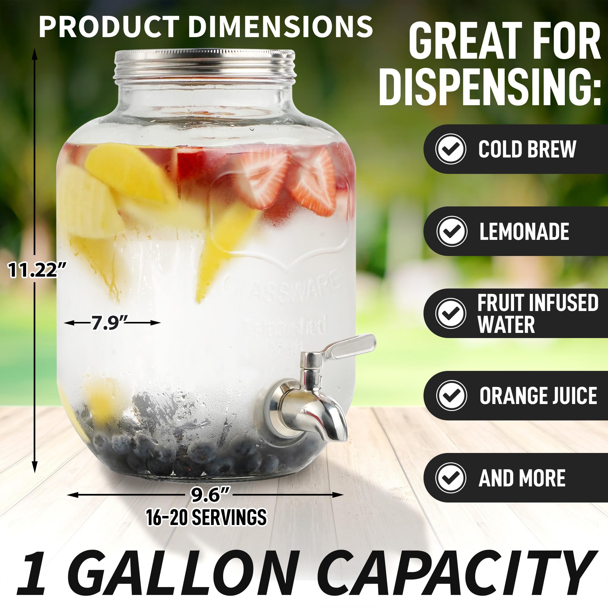 Zulay 1 Gallon/128oz Cold Brew Coffee Maker – Thick Glass Pitcher with Stainless Steel Filter, Lid & Spout – Large Mason Jar Container Dispenser - Iced Coffee & Sun Tea Brewer for Fridge – Silver