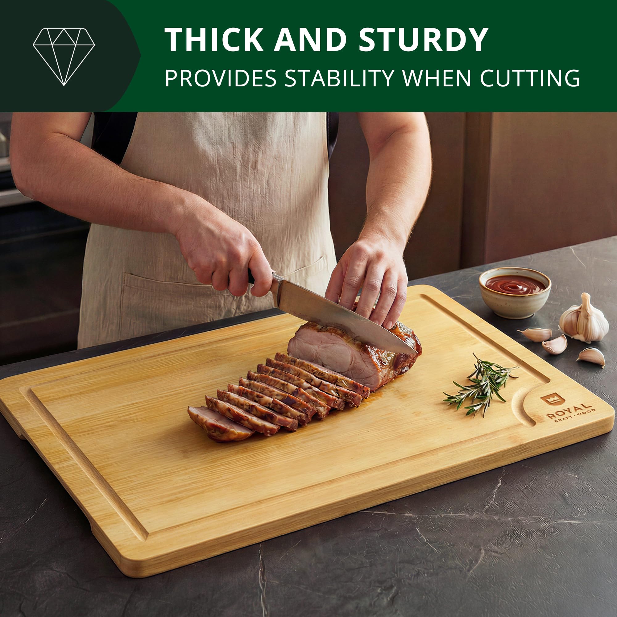 ROYAL CRAFT WOOD Organic Bamboo Cutting Board with Juice Groove - Kitchen Chopping Board for Meat (Butcher Block) Cheese and Vegetables