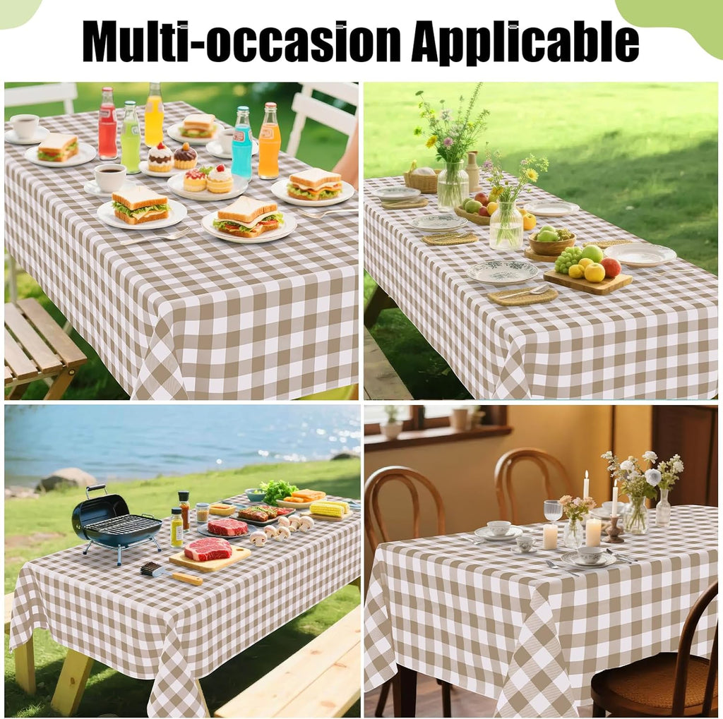 Smiry Rectangle Table Cloth, Waterproof Vinyl Tablecloths with Flannel Backing, Wipeable Buffalo Plaid Table Cover for Dining, Indoor and Outdoor (Khaki & White, 60"x84")