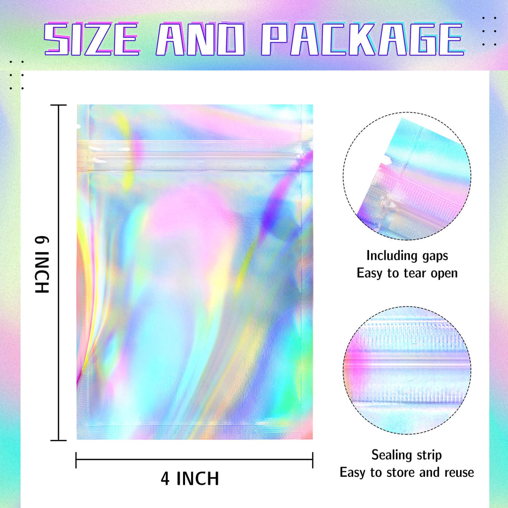 Holographic Mylar Bags Resealable Smell Proof Bags for lip gloss, Jewelry, Lash Candy and More - Small Business Packaging Supplies(100PACK, 3x9INCH)