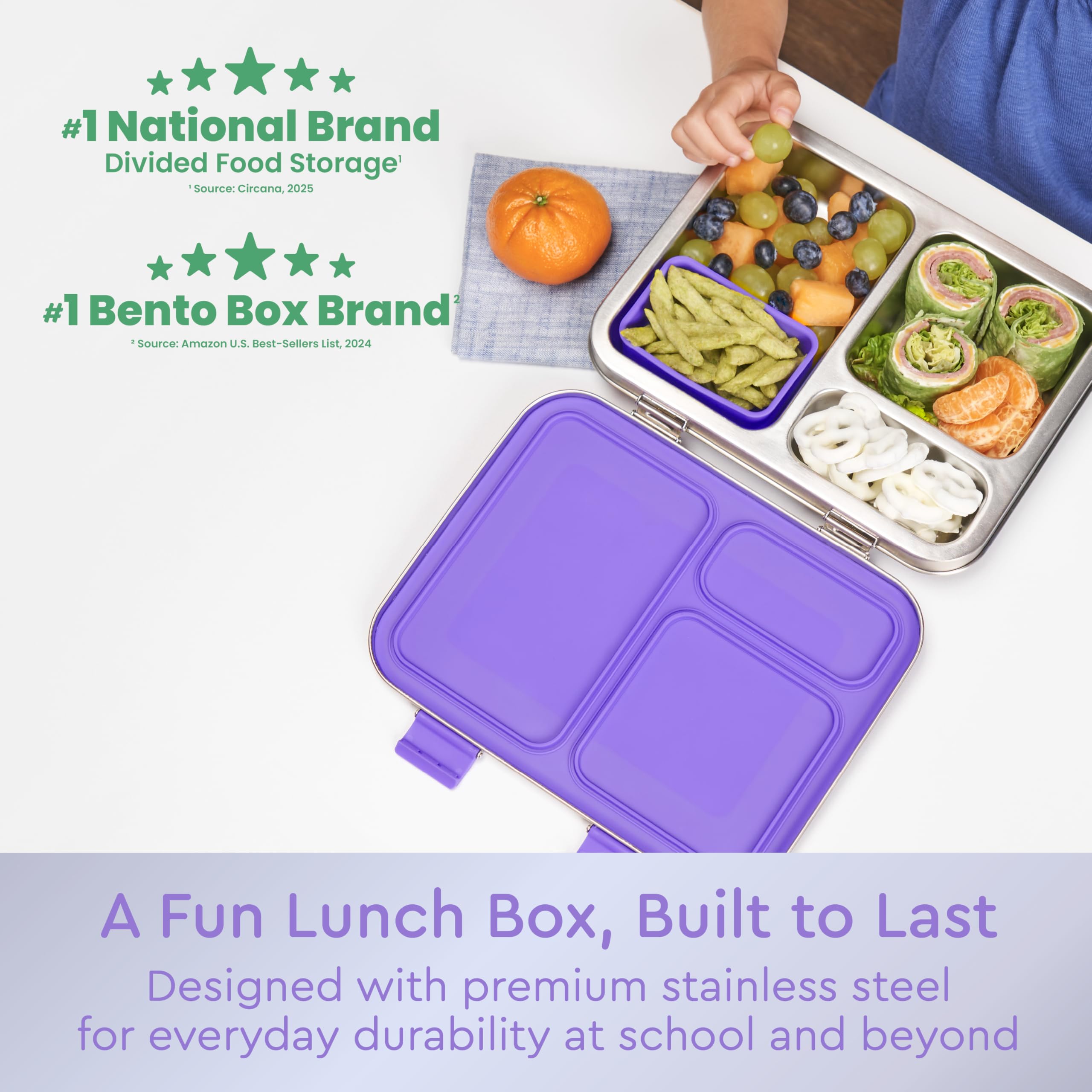 Bentgo Kids Stainless Steel Leak-Resistant Lunch Box - 3-Compartments with Bonus Silicone Container, Durable, Eco-Friendly, Dishwasher Safe, BPA-Free, Ideal for School, Ages 3+ (Blue)